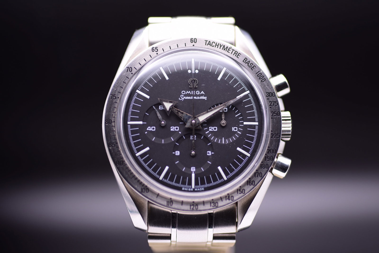 Omega Speedmaster 57 Broad Arrow Reissue Ref. 3594.50.00 1991 with Card: Omega Speedmaster 57 Broad Arrow Reissue Ref. 3594.50.00 1991 with CardAn exceptional and highly sought after early production example of the manual winding Omega Speedmaster 57 Broad Arrow Reissue Re
