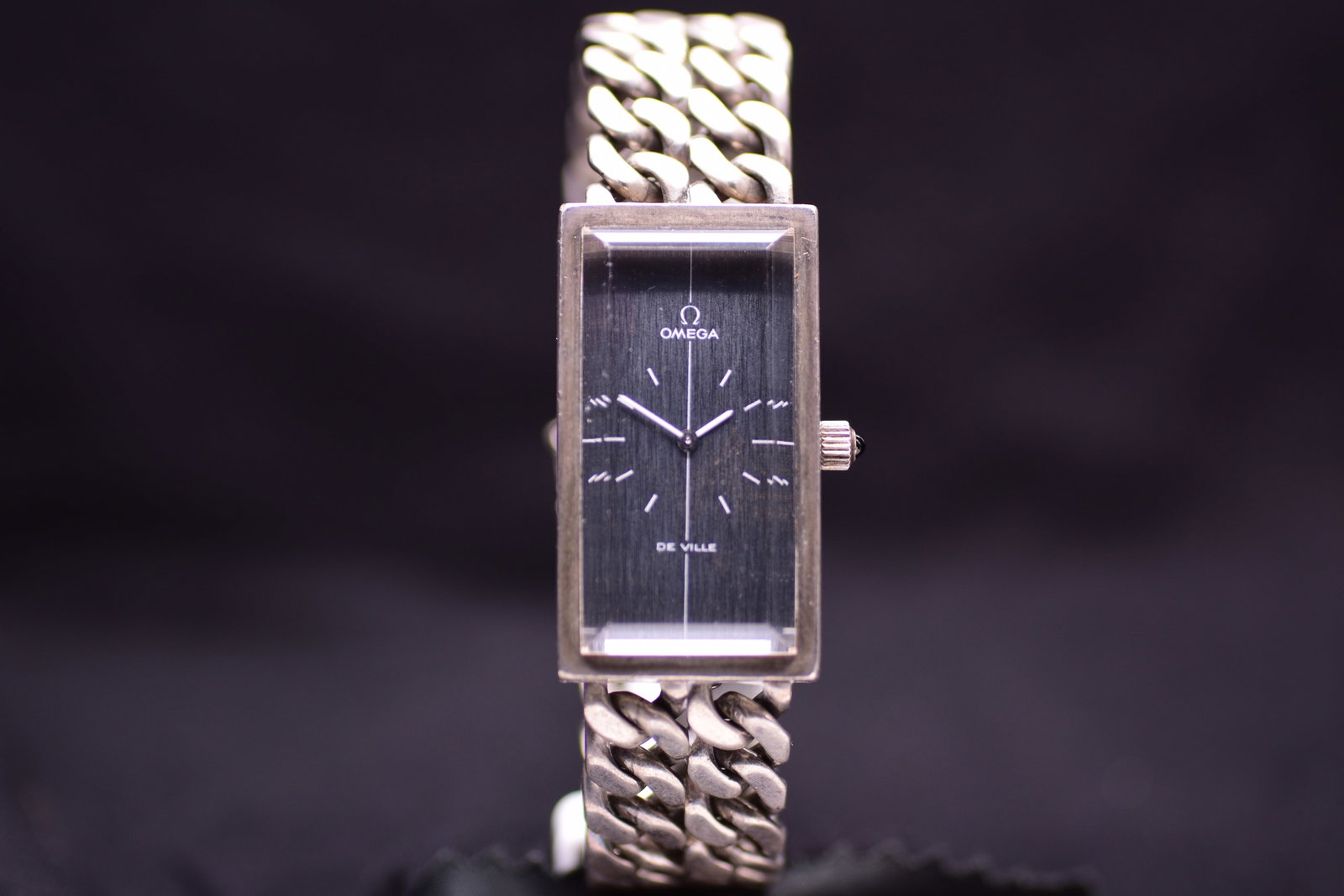 Omega De Ville 711.1804 Solid Silver Gourmette Curb Link Bracelet Cabochon Winding Crown Rare 1970 (1 of 6)