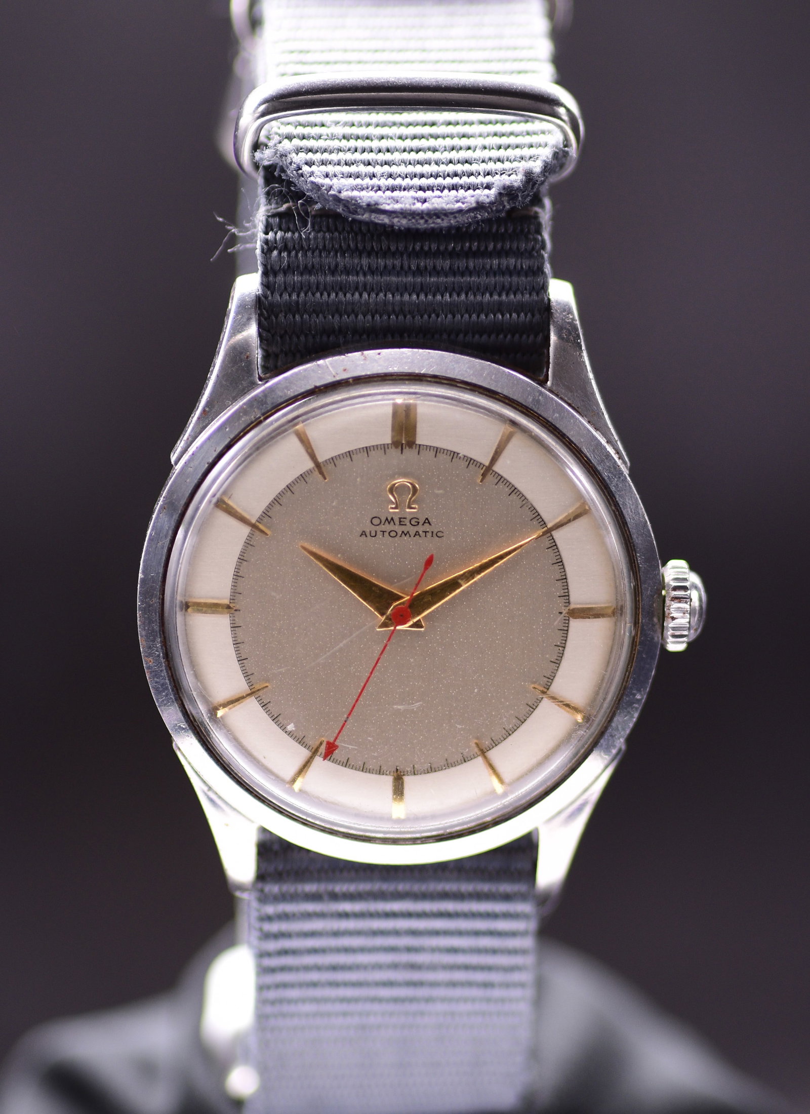 Omega Bumper Automatic Rare Screw Early Back Case Two Tone Bullseye Dial with Red Arrow Seconds (1 of 7)