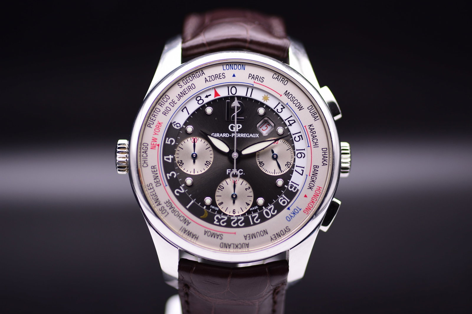 Girard Perregaux 49805 WW.TC FTC World Time Chronograph Automatic 43mm Box Papers: Girard Perregaux 49805 WW.TC FTC World Time Chronograph Automatic 43mm Box Papers Girard Perregaux WW.TC FTC Financial World Time Chronograph wrist watch reference 49805-11-255-BA6A featuring a 43mm c