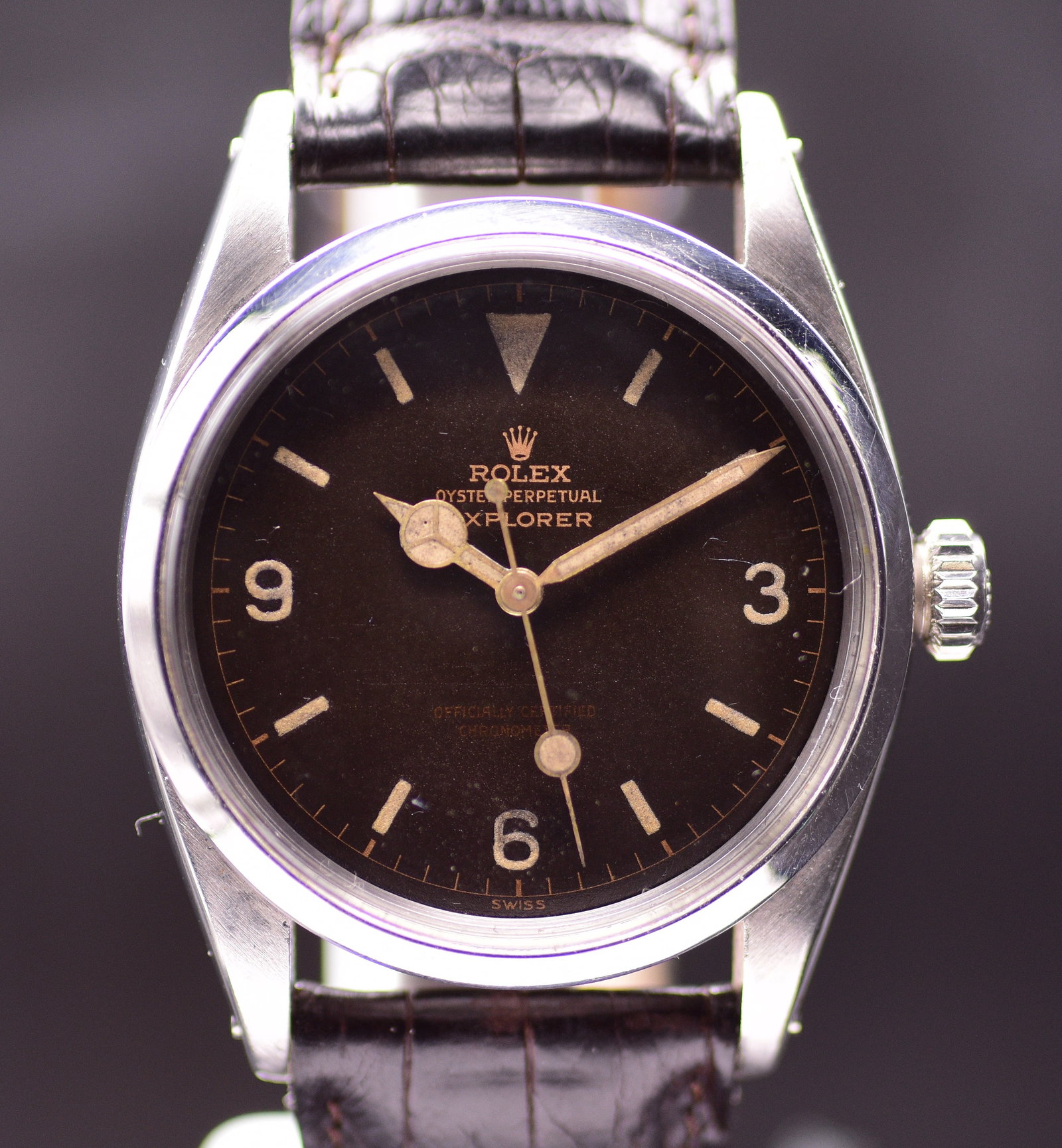 Rolex Oyster Perpetual Explorer 6610 Tropical Chocolate Brown Gilt Dial 1957 Gentleman's Stainless: Rolex Oyster Perpetual Explorer 6610 Tropical Chocolate Brown Gilt Dial 1957 Gentleman's Stainless Steel Automatic Wristwatch The Rolex Oyster Perpetual Explorer reference 6610 was created in the mid-