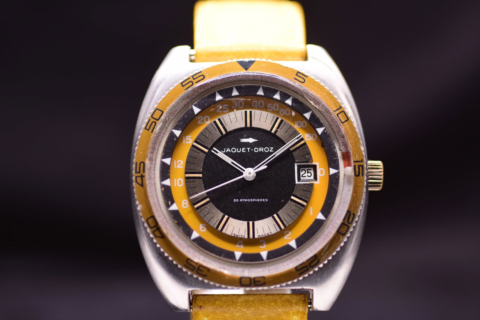 Jaquet Droz 50 Atmospheres Automatic Depth Gauge Diver 1057 Matte Black and Yellow Dial 1970 (1 of 6)