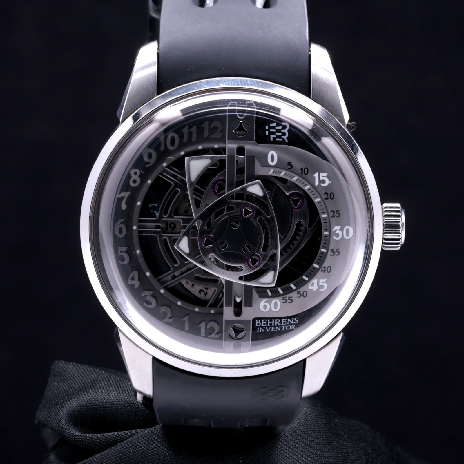 Behrens Inventor Series Rotary BHR022 Stainless Steel Twin Triangular Rotor Skeleton Dial 2020: Title: Behrens Inventor Series Rotary BHR022 Stainless Steel Twin Triangular Rotor Skeleton Dial 2020 Catalogue Description: A rare and avant garde gentlemans stainless steel automatic wristwatch Behr