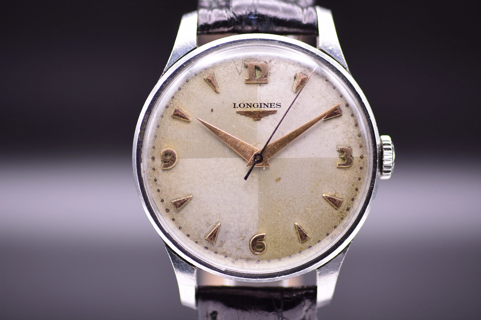Longines Oversized Jumbo 5045 Quadrant Sector Dial Rose Gold Tone Markers 1955: Title: Longines Oversized Jumbo 5045 Quadrant Sector Dial Rose Gold Tone Markers 1955 Catalogue Description: An oversized vintage dress wristwatch circa 1955. Features an impressive thirty seven milli