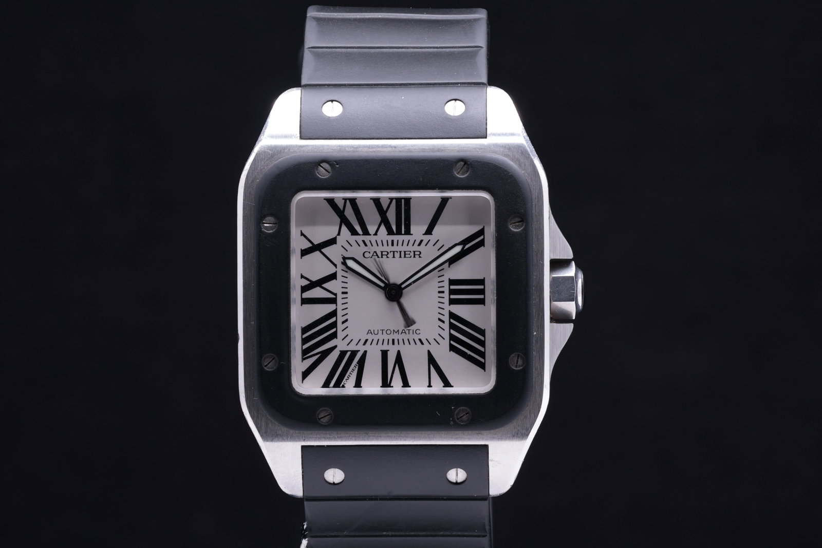 Cartier Santos 100 2856 Silver Roman Dial Rubber Bezel and Strap Automatic 2008: Title: Cartier Santos 100 2856 Silver Roman Dial Rubber Bezel and Strap Automatic 2008 Catalogue Description: A fine contemporary stainless steel and rubber midsize automatic wristwatch Cartier Santos
