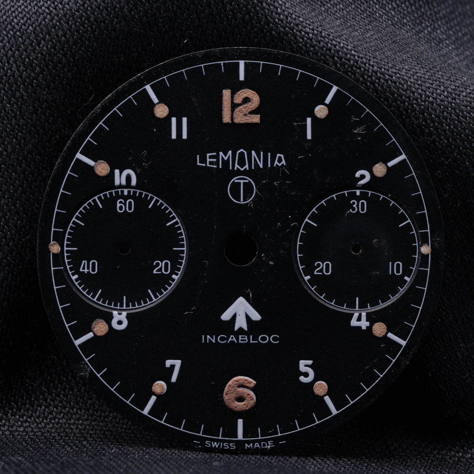 Lemania Monopusher Chronograph Series 3 1960s Military Watch Dial Broad Arrow Tritium Black Dial: Title: Lemania Monopusher Chronograph Series 3 1960s Military Watch Dial Broad Arrow Tritium Black Dial Catalogue Description: Genuine Lemania Series 3 military monopusher chronograph watch dial measu