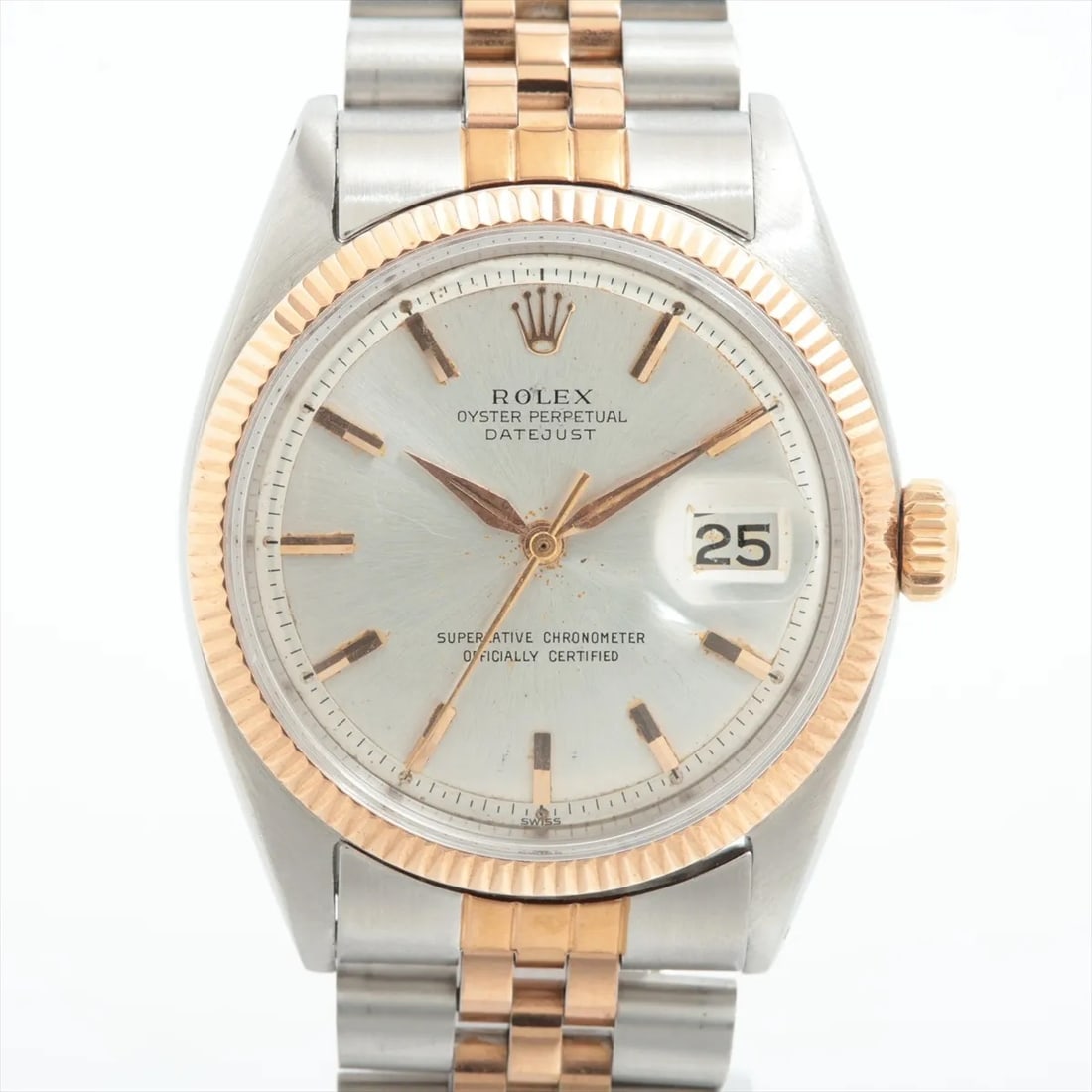 Rolex Datejust 1601 1962 Sigma Dial Pink Gold Two Tone: Title: Rolex Datejust 1601 1962 Sigma Dial Pink Gold Two Tone Catalogue Description: An automatic winding stainless steel and pink gold calendar wristwatch. The sunburst silver Sigma dial features rar