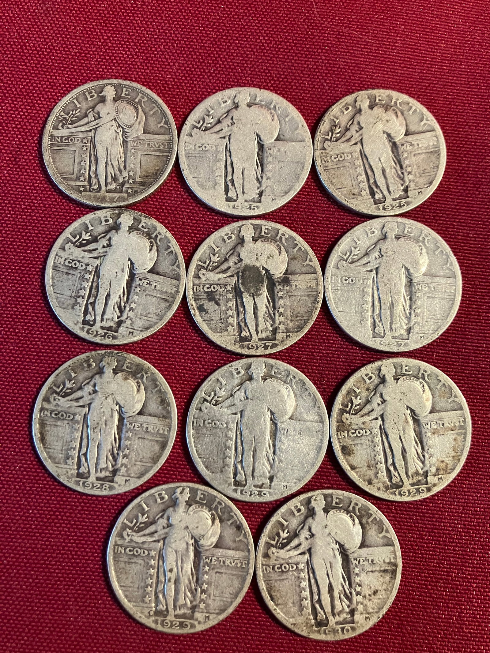 Eleven Standing Liberty Silver Quarters - 1917, (2) 1925, 1927, (2) 1927, 1928, (2) 1929, 1929-D, (1 of 10)