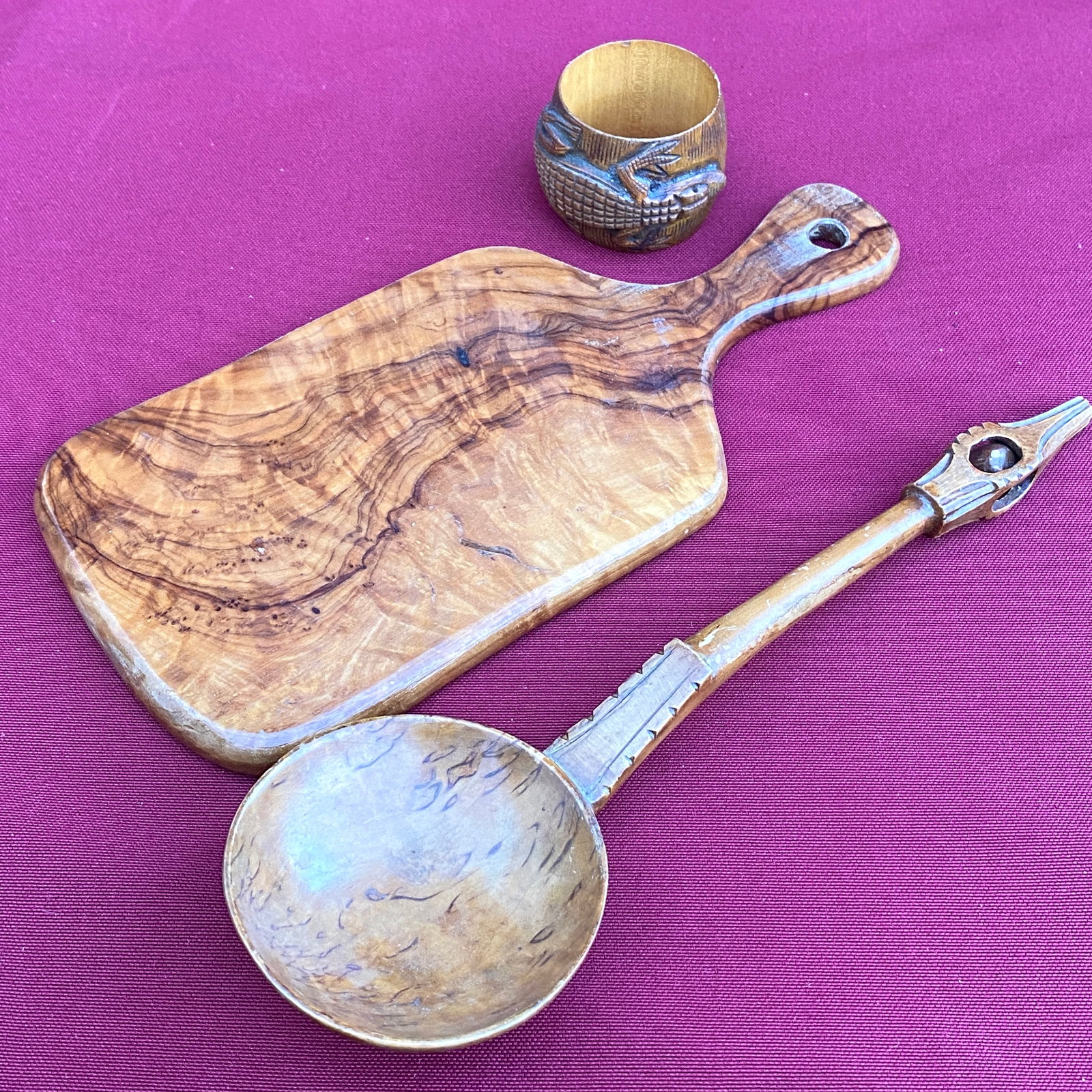 Hand-Carved Wood Items - Small Trivet, Ladle, Alligator Napkin Ring: Hand-Carved Wood Items - Small Trivet, Ladle, Alligator Napkin Ring