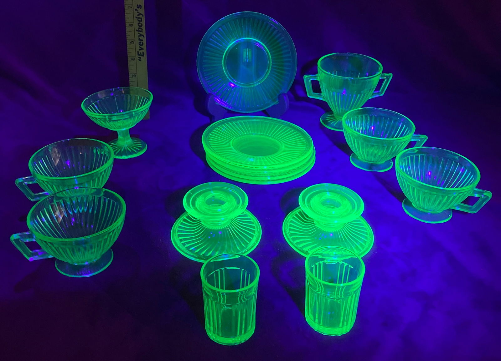 Fifteen Pieces of Uranium Glass - 6" Plates, 4 Cups, Candle Holders, Shot Glasses (1 of 5)