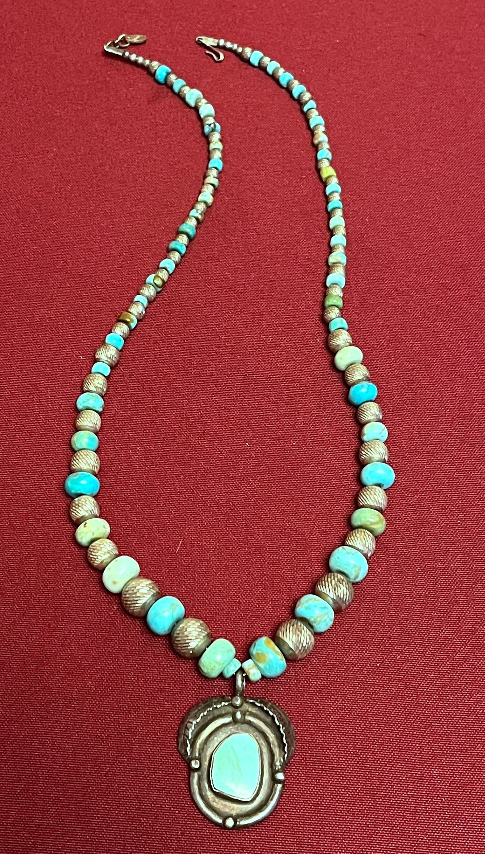 Sterling Silver and Turquoise Pendant on Graduated Turquoise and 'Silver' Bead Necklace (1 of 5)