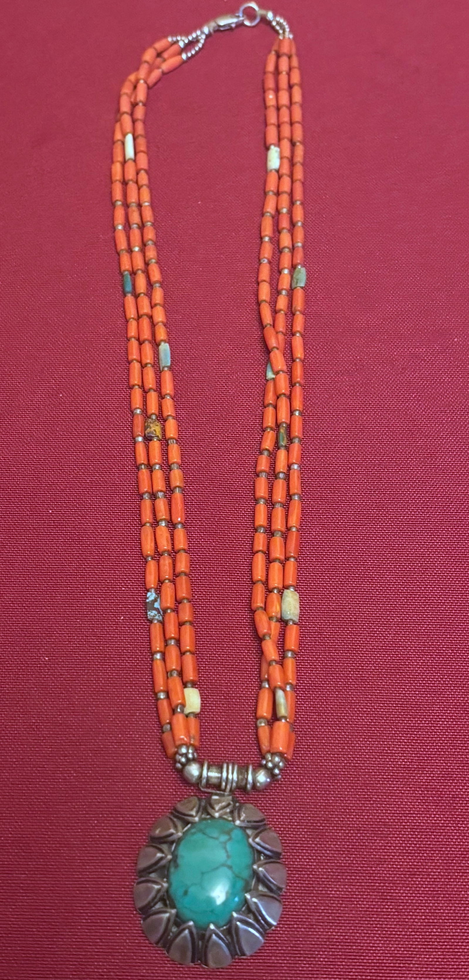 Sterling Silver and Turquoise Pendant on Multi Strand Coral & Other Bead Necklace (1 of 7)