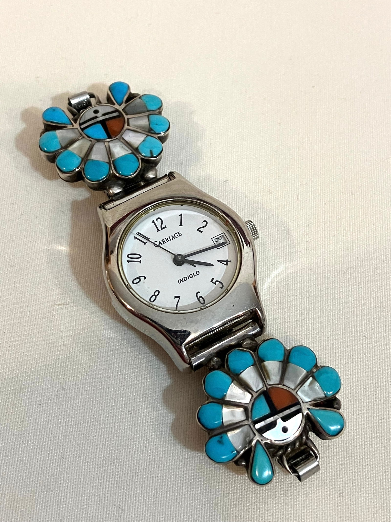 Sterling Silver Zuni Sunface Watch Tips (Turquoise, Coral, MOP, Etc.) & Watch - Artist Marked (1 of 5)