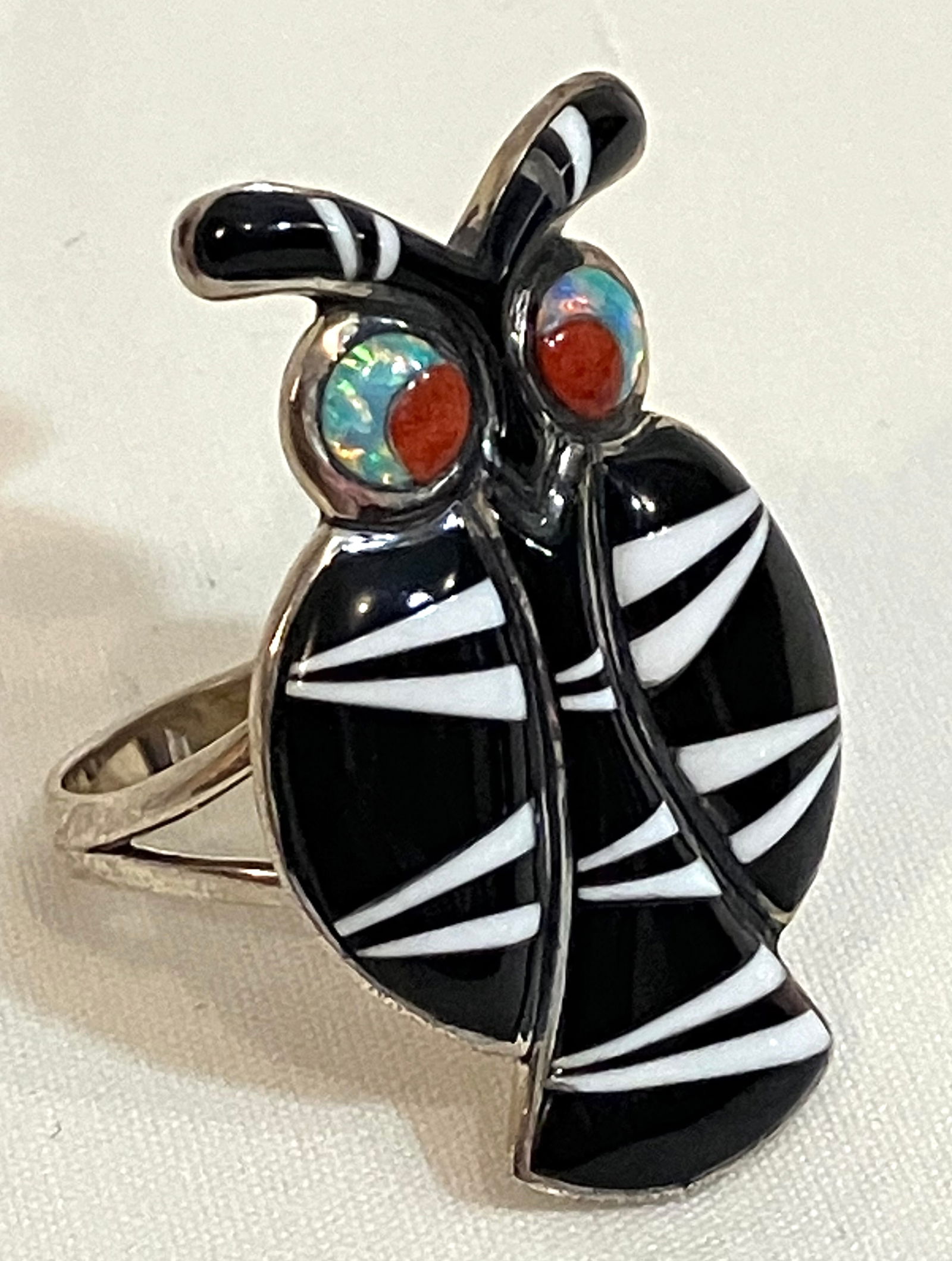 Sterling Silver Owl Ring Size 8 with Various Stones - Small Piece of White Missing - Approx 7.14 (1 of 6)