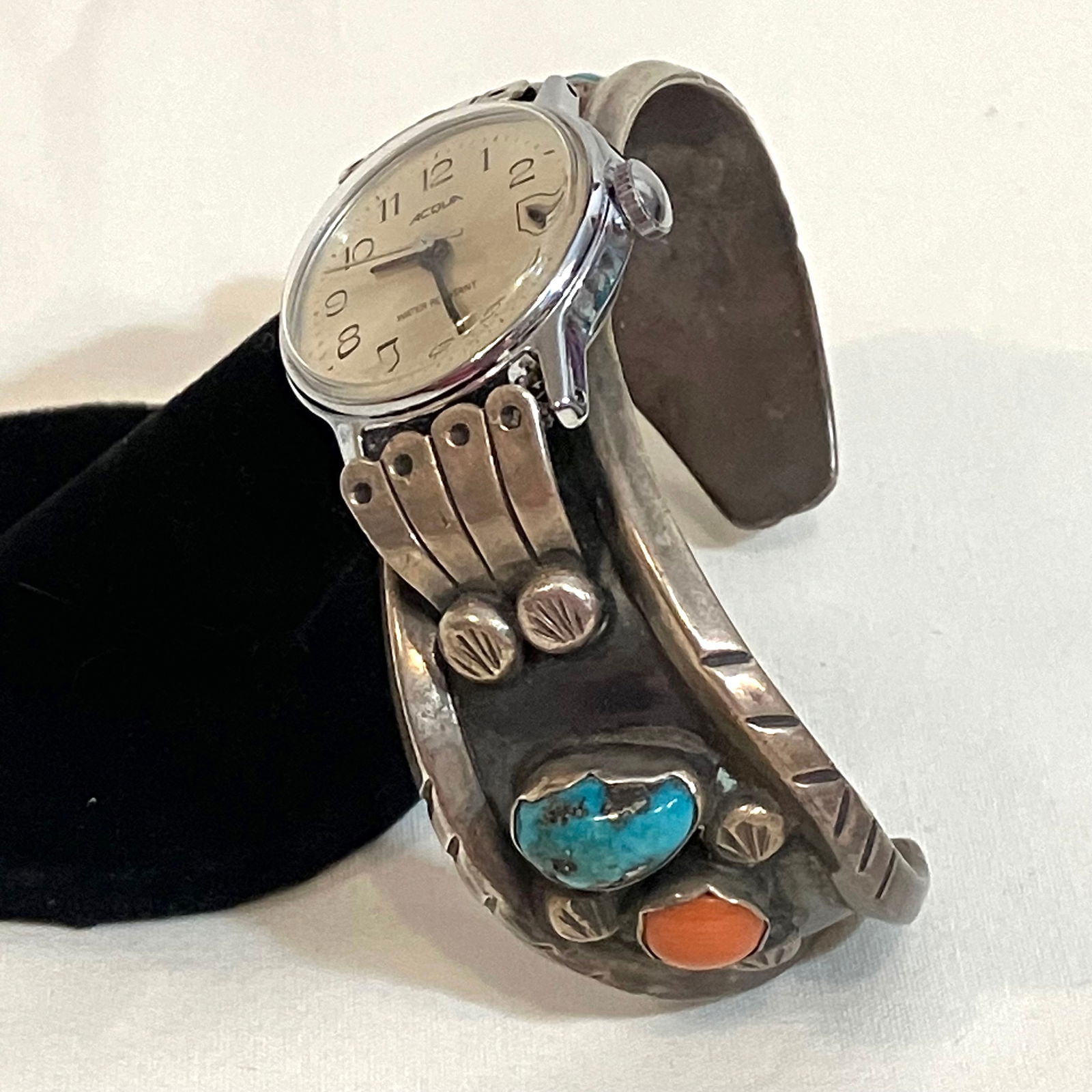 Sterling Silver, Turquoise, and Coral Watch Cuff - Artist Signed (1 of 9)