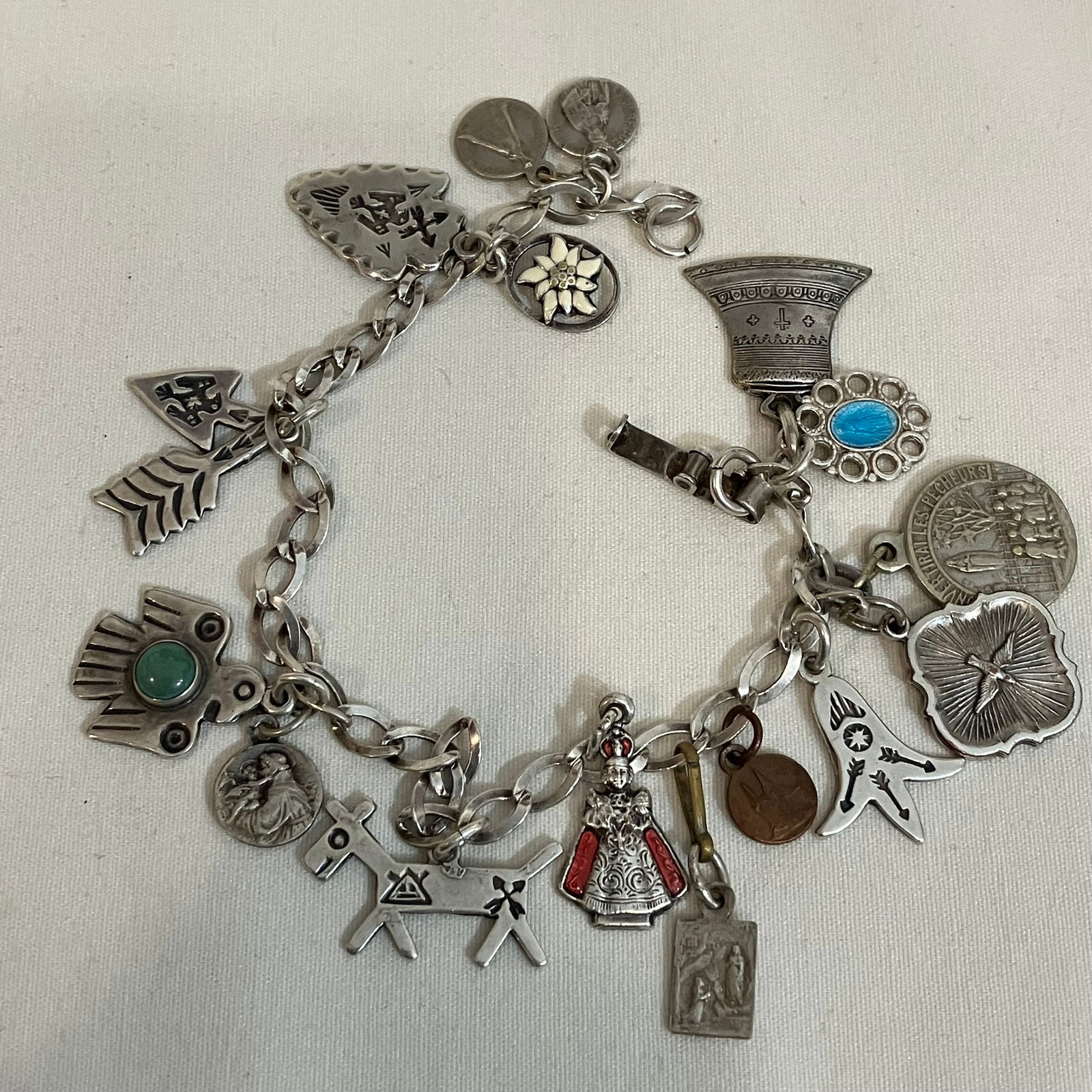 Sterling Silver Charm Bracelet with Various Charms of Different Materials - Many Religious - Approx (1 of 11)