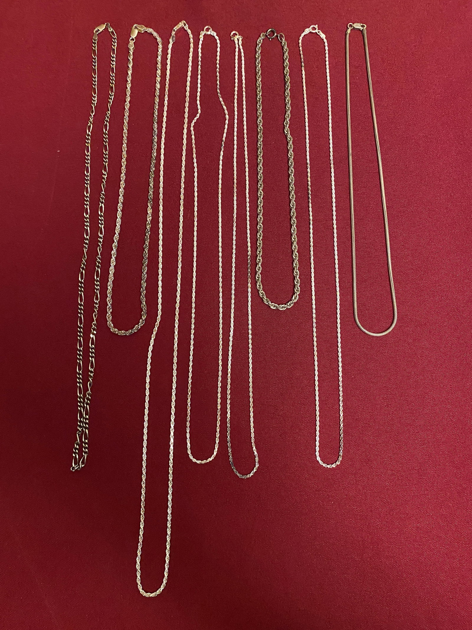 Eight Sterling Silver Chains - Various Lengths and Styles - Approx 97 Grams: Eight Sterling Silver Chains - Various Lengths and Styles - Approx 97 Grams
