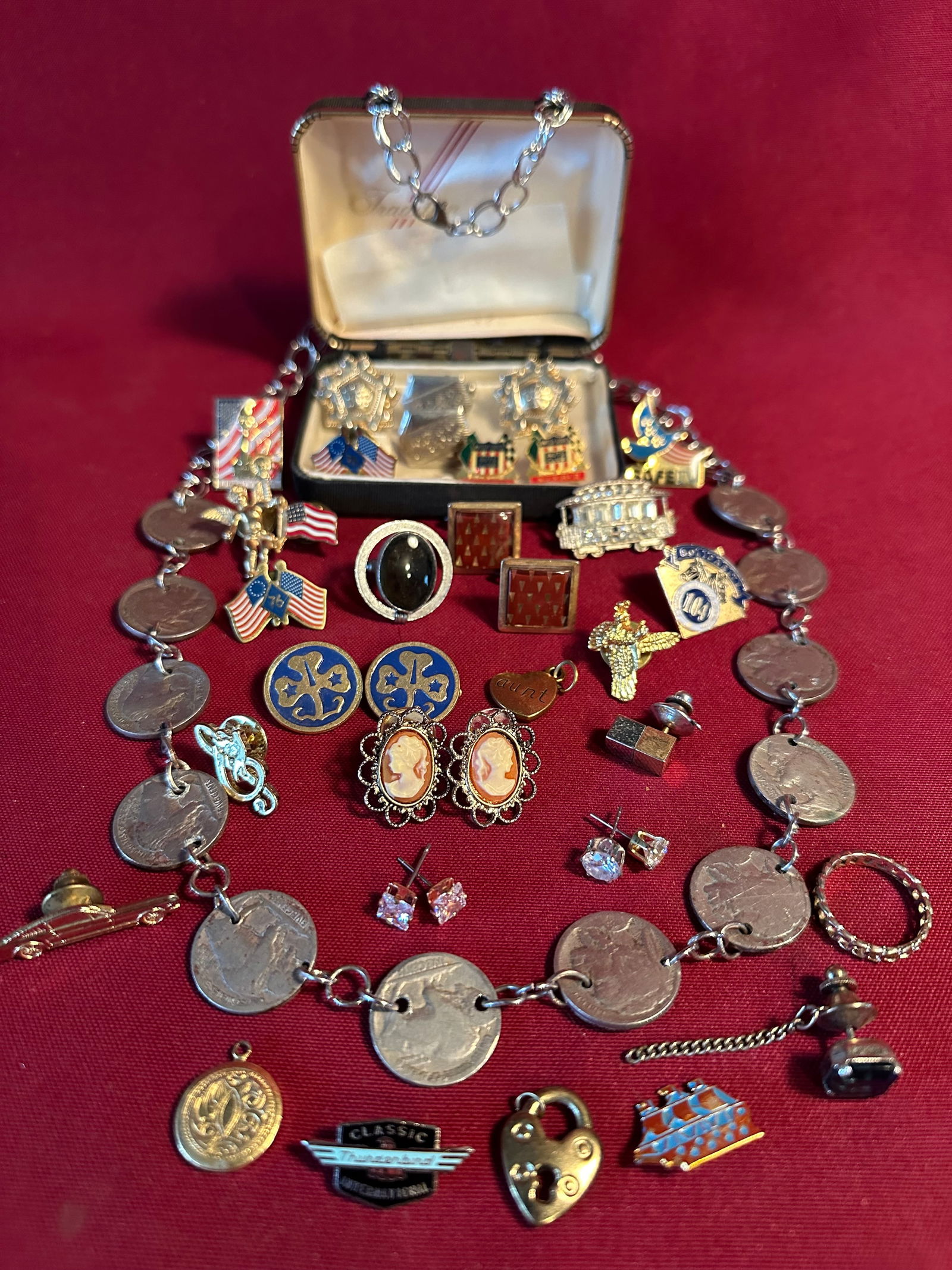 Older Cuff Links, Pins, Charms, and Coin Change, Etc. (1 of 5)