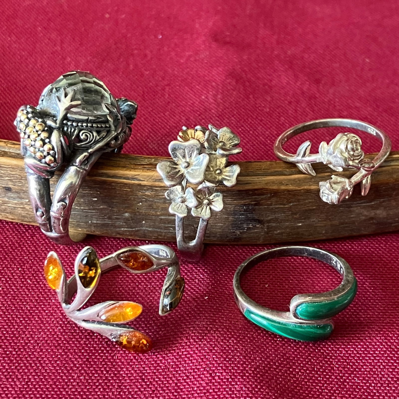 Five Sterling Silver Rings - Sizes as Seen in Photos - One Frog Ring, Clover Ring, Rose Wrap, Leaf (1 of 8)