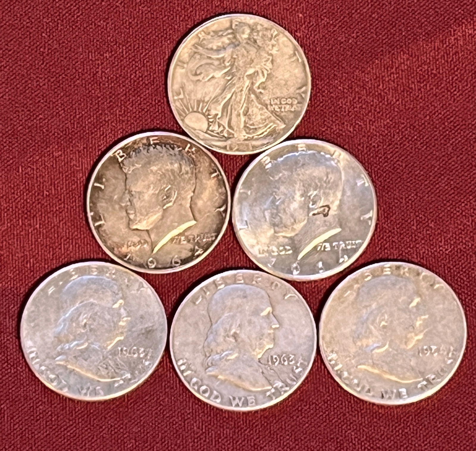 Six Silver Half Dollars - 1941-D Walking Liberty, (1) 1954 & (2) 1963 Franklin, and (2) 1964 Kennedy (1 of 5)