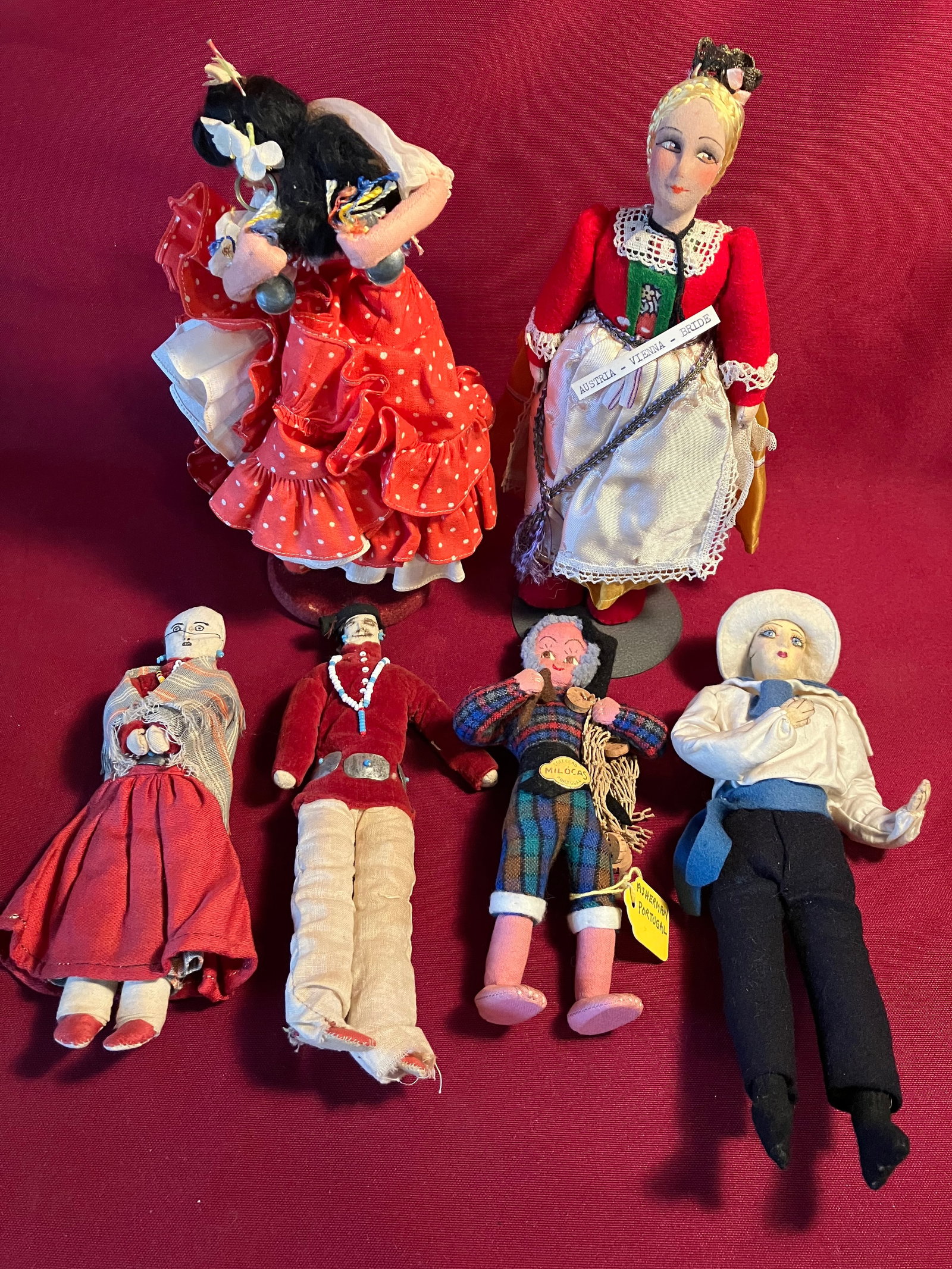 Assorted Collectible Dolls - Various Materials - Native American Pair, Portuguese Fisherman,: Assorted Collectible Dolls - Various Materials - Native American Pair, Portuguese Fisherman, Flamenco Dancer, Gondolier, Bride