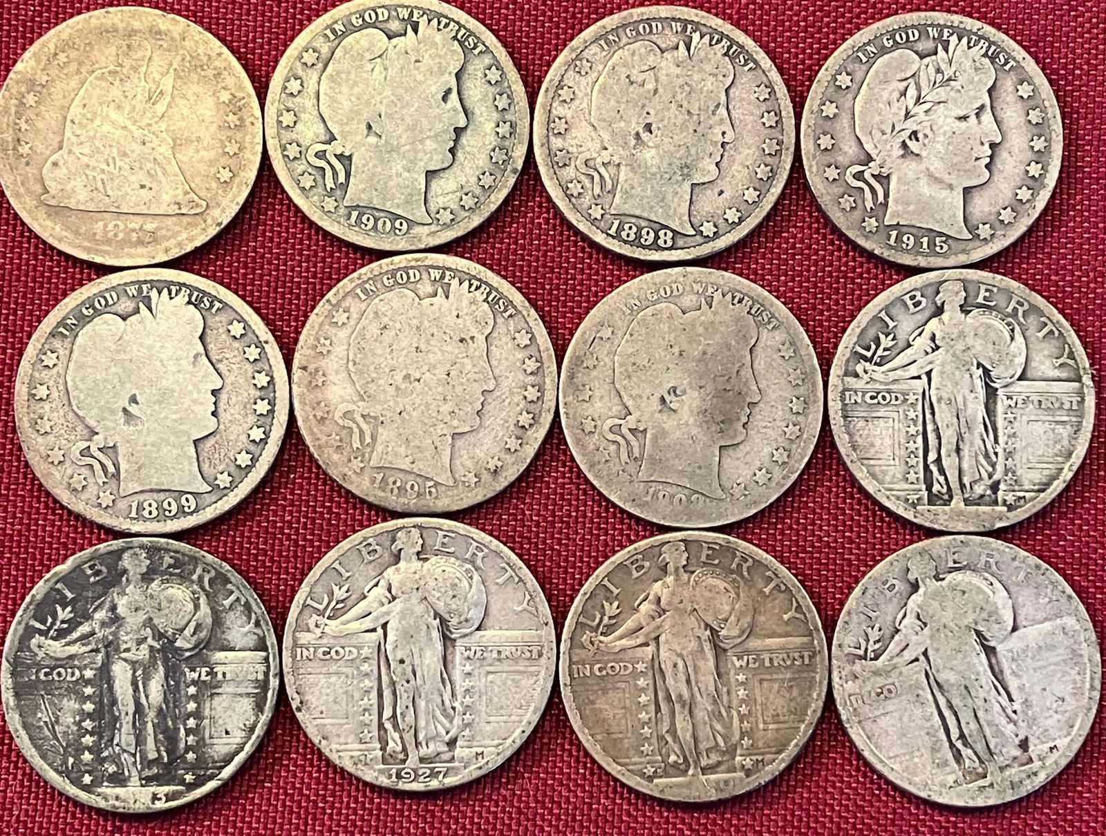 Twelve Silver Quarters - (1) 1877-S, Seated Liberty, (6) Barber, (5) Standing Liberty (1 of 6)