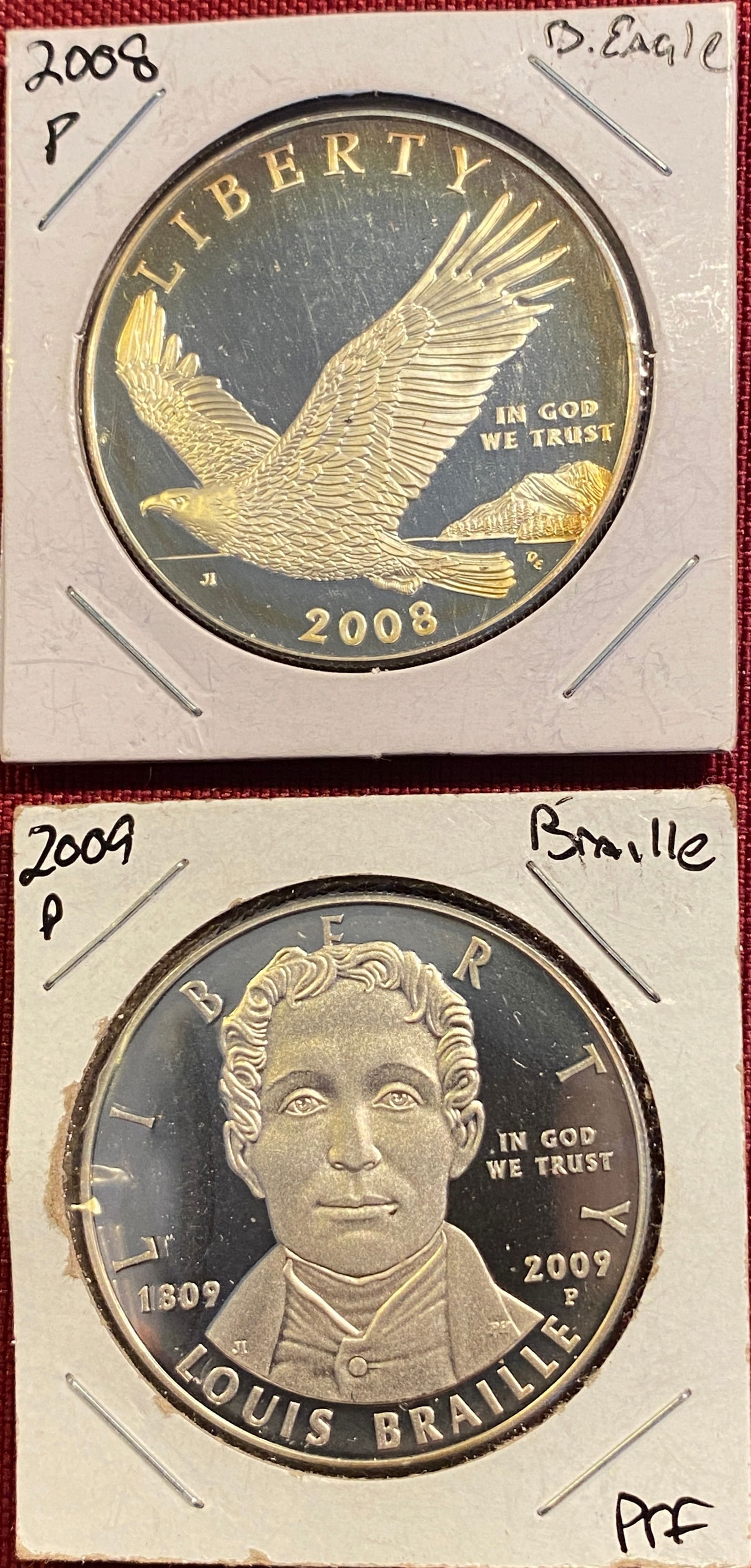 Two Commemorative Silver Dollars - 2009-P Louis Braille & 2008-P Bald Eagle (1 of 3)