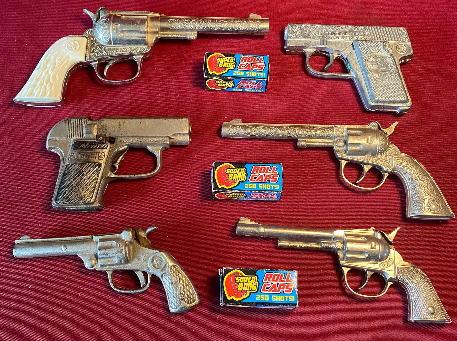 Six Older Cap Guns - Hubley, Stevens, Pet, Etc.: Six Older Cap Guns - Hubley, Stevens, Pet, Etc.