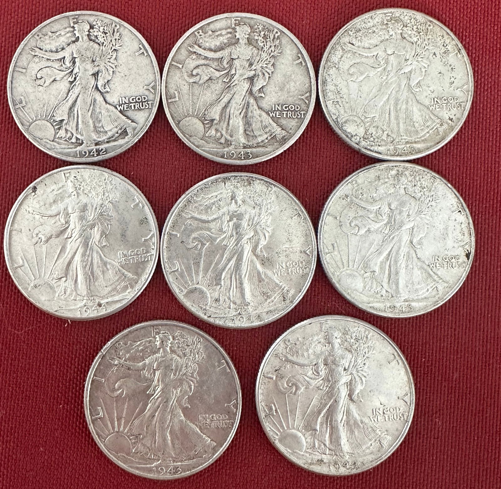 Eight Silver Walking Liberty Half Dollars - 1942, (3) 1943, 1943-D, (3) 1944 (1 of 5)