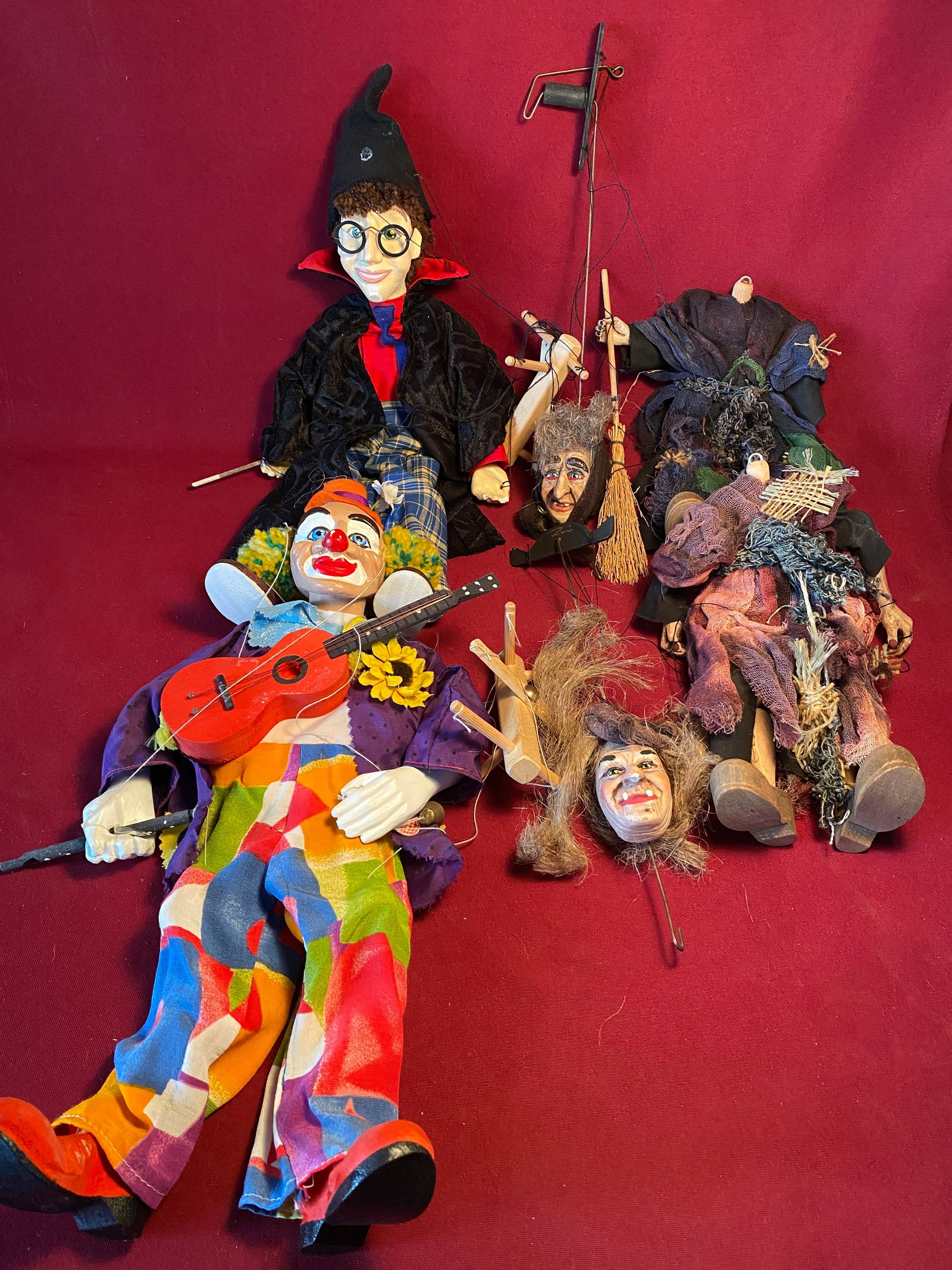 Four Marionettes - Clown, Harry Potter Type, and Others: Four Marionettes - Clown, Harry Potter Type, and Others