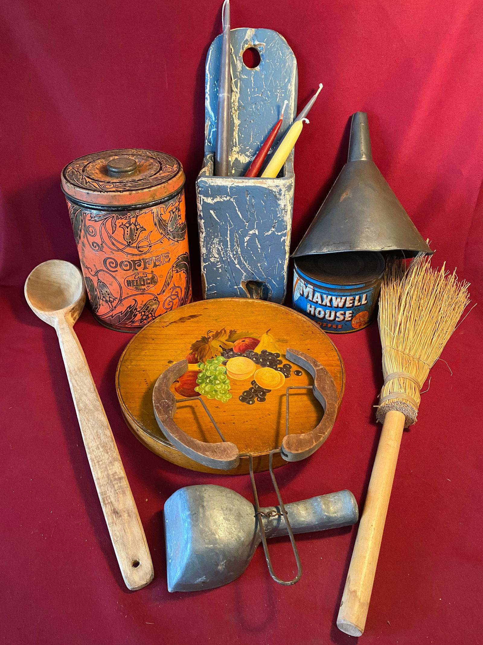 Old Country Items - Candle Box, Tins, Hat Form/Stretcher, Etc. (1 of 6)