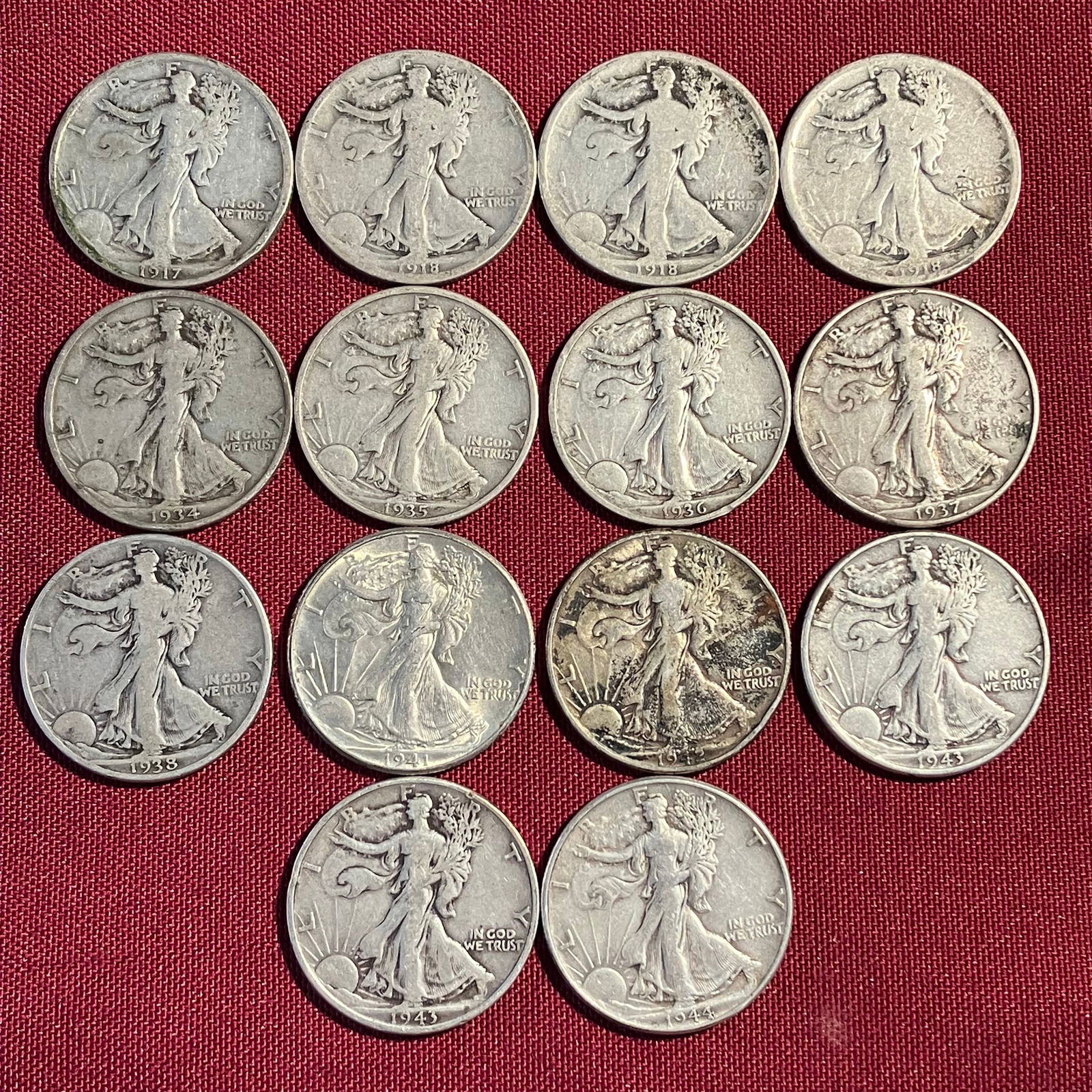Thirteen Walking Liberty Silver Half Dollars - 1917, 1918-D, 1918-S, 1918, 1934, 1935, 1936, 1937, (1 of 6)