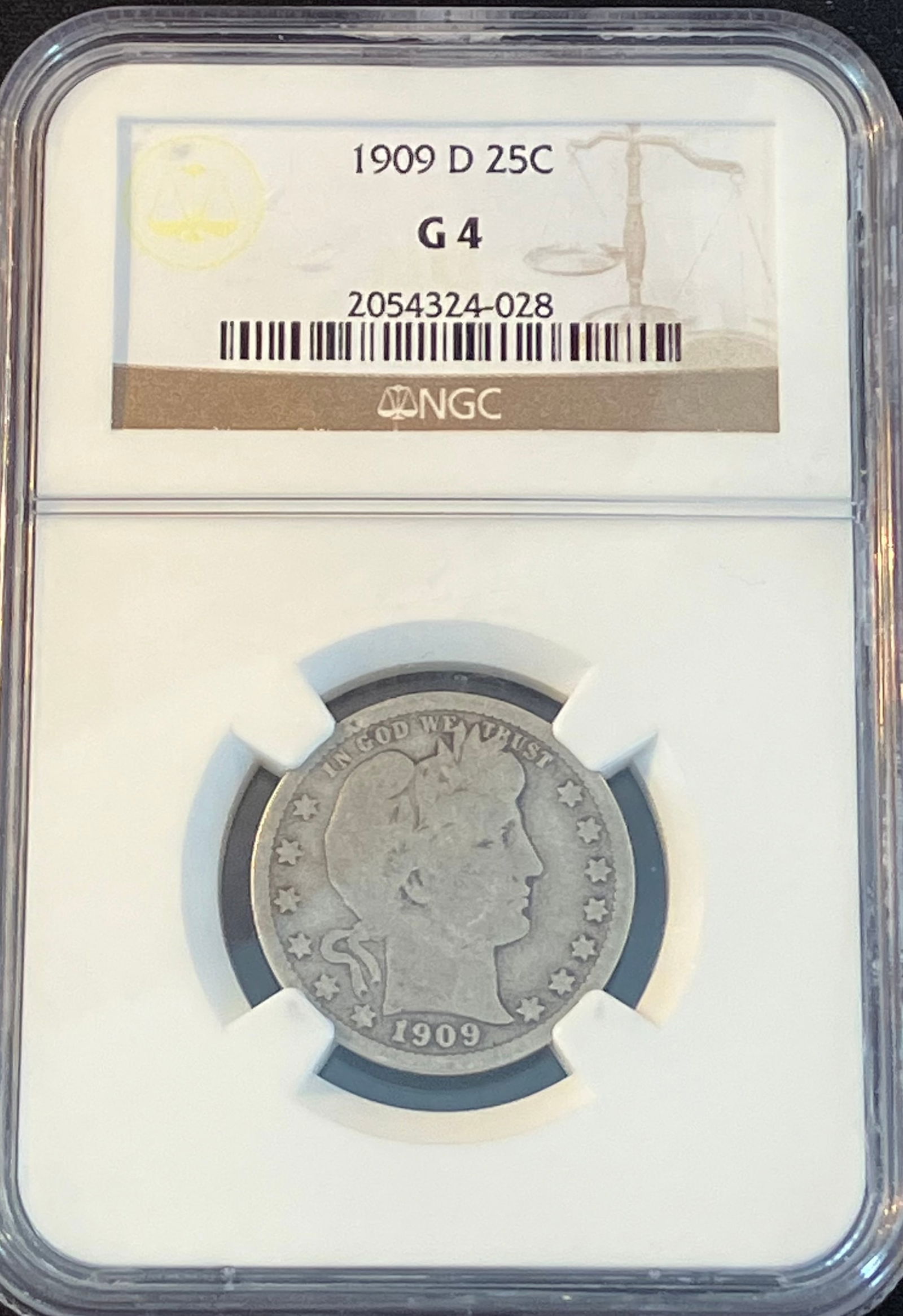 Graded 1909-D Barber Silver Quarter - G4 - by NGC (1 of 3)