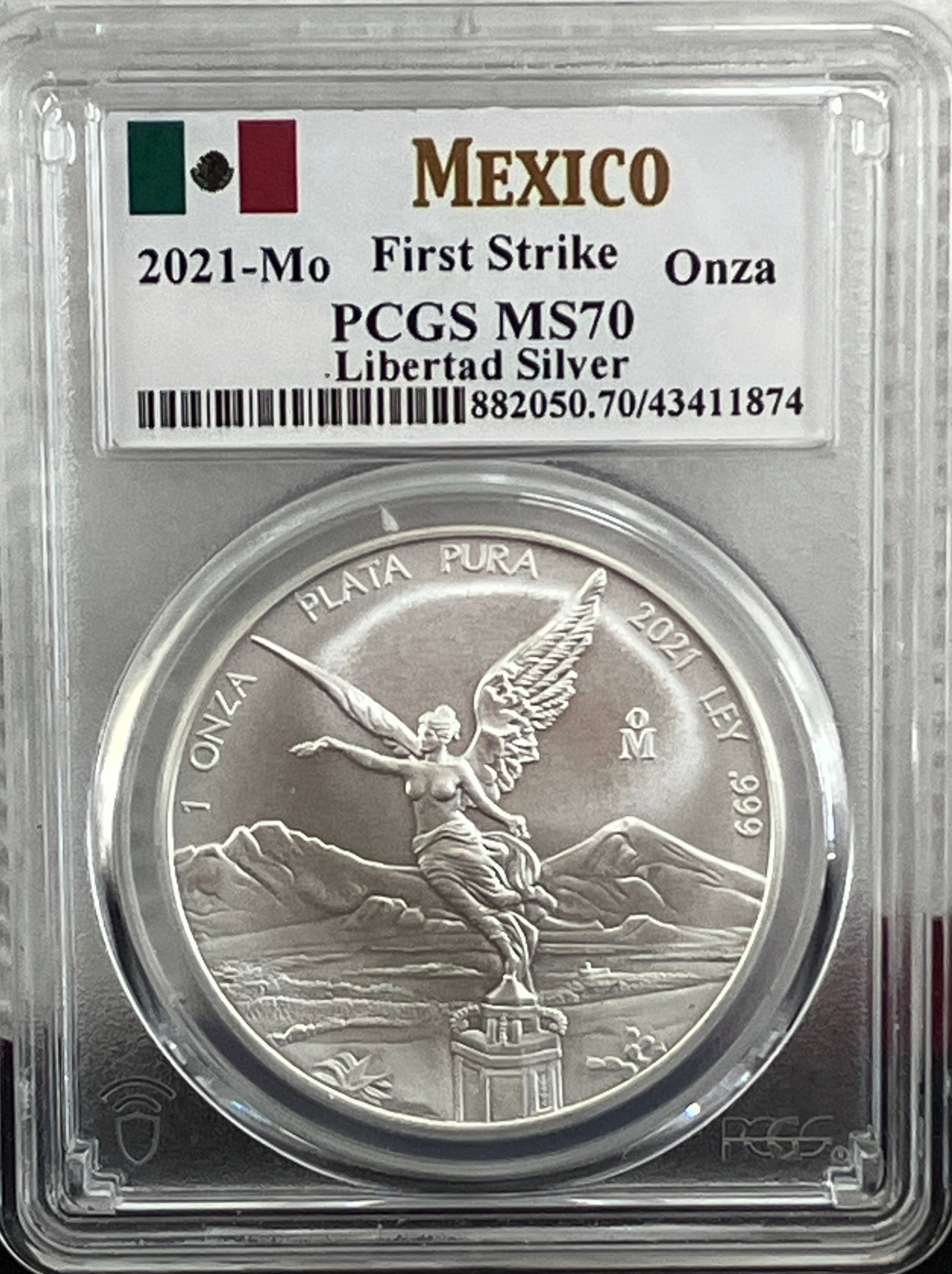 Graded 2021-Mo Mexico One Ounce .999 Fine Silver Libertad - MS70 by PCGS: Graded 2021-Mo Mexico One Ounce .999 Fine Silver Libertad - MS70 by PCGS