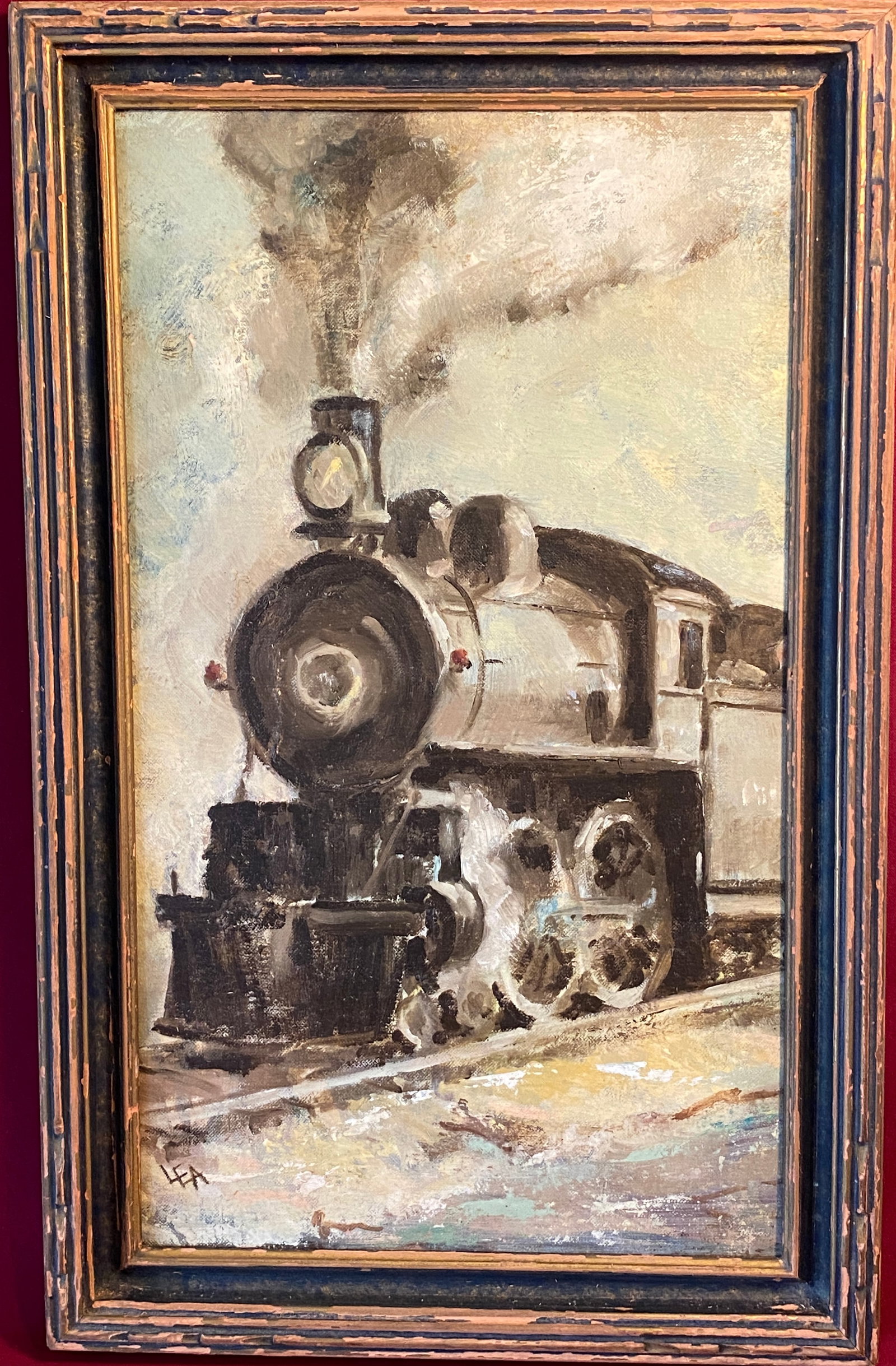 Older Oil Painting on Board of Train - Signed 'LEA' - Overall Approx 12.75"x21.75": Older Oil Painting on Board of Train - Signed 'LEA' - Overall Approx 12.75"x21.75"