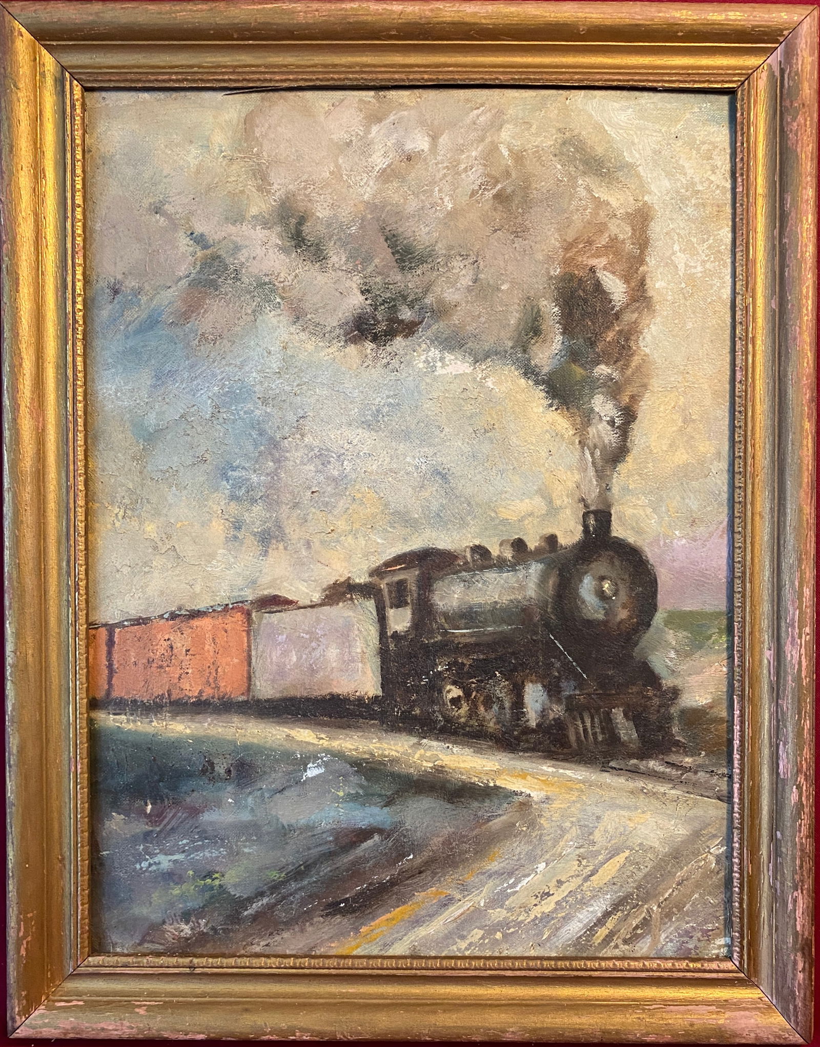 Older Oil Painting on Board of Train Engine & Train Cars - Signed 'LEA' - Overall Approx 14.75"x19" (1 of 4)