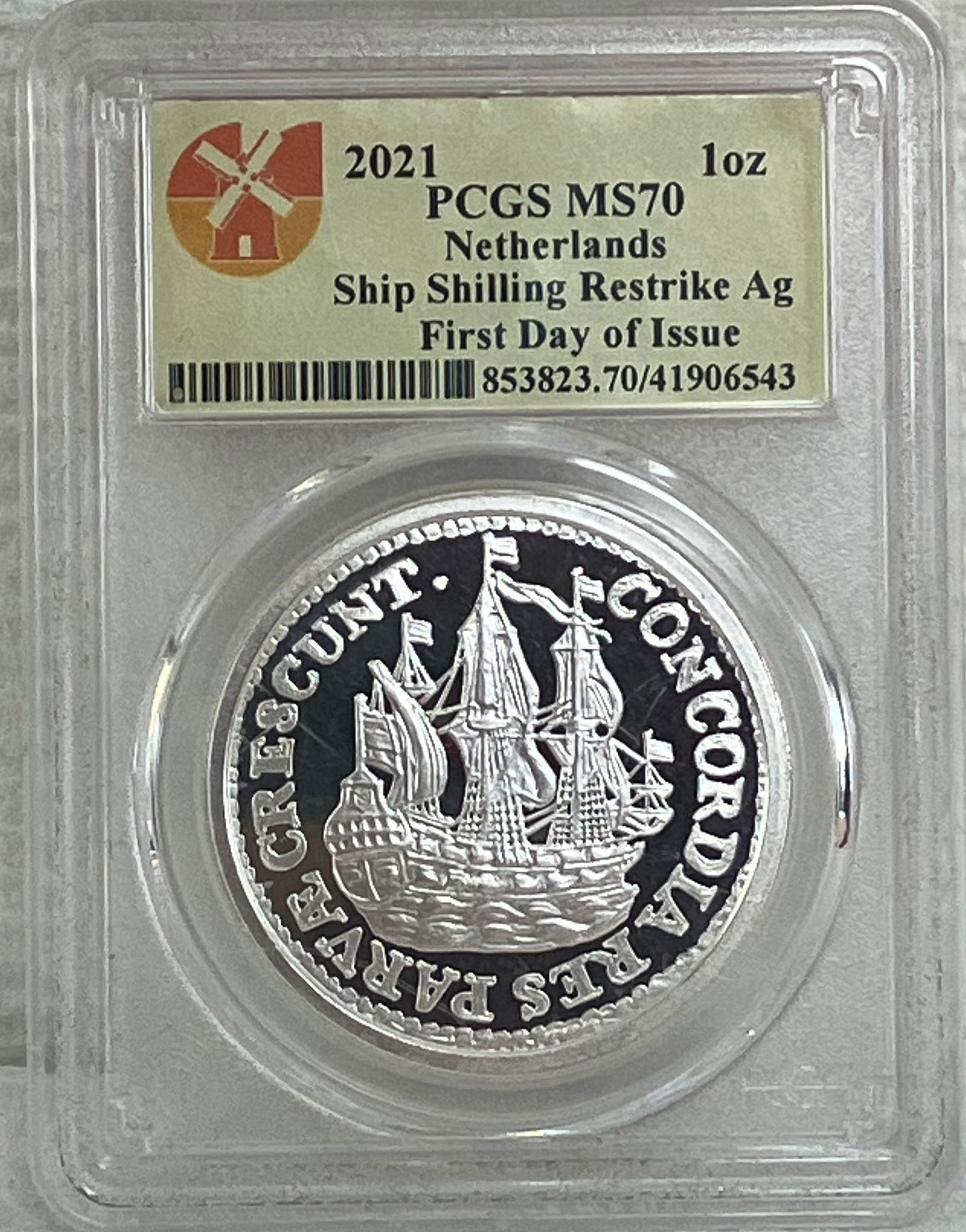Graded 2021 Netherlands One Ounce .999 Fine Silver Ship Shilling Restrike - First Day of Issue - (1 of 3)