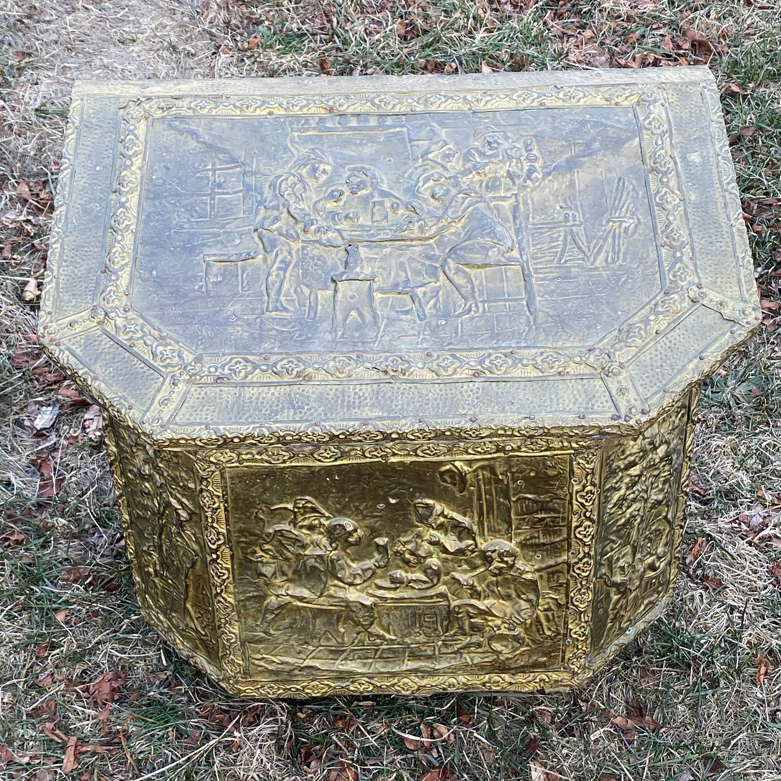 Embossed Brass Over Wood Fire/Coal Box - Ornate Scene (1 of 5)
