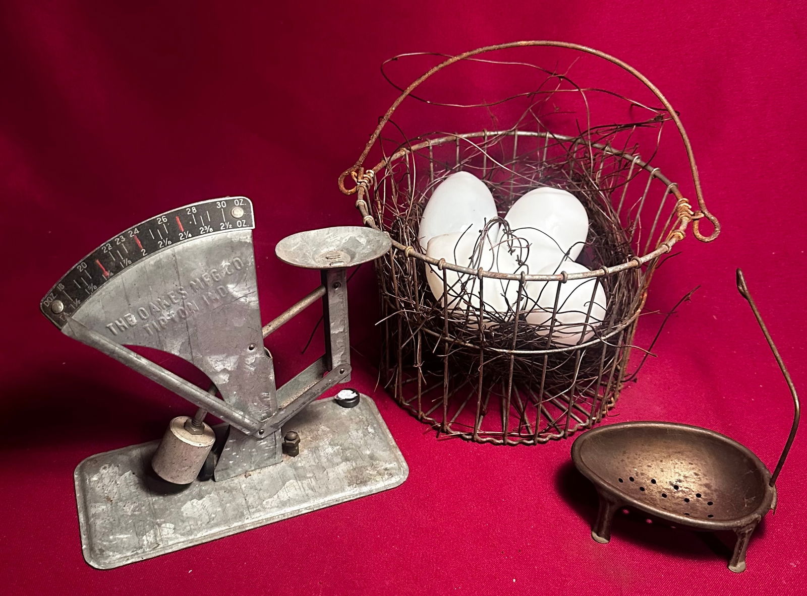 Egg Scale, Wire Egg Basket, Egg Poacher with Handle, and Glass Eggs (1 of 4)