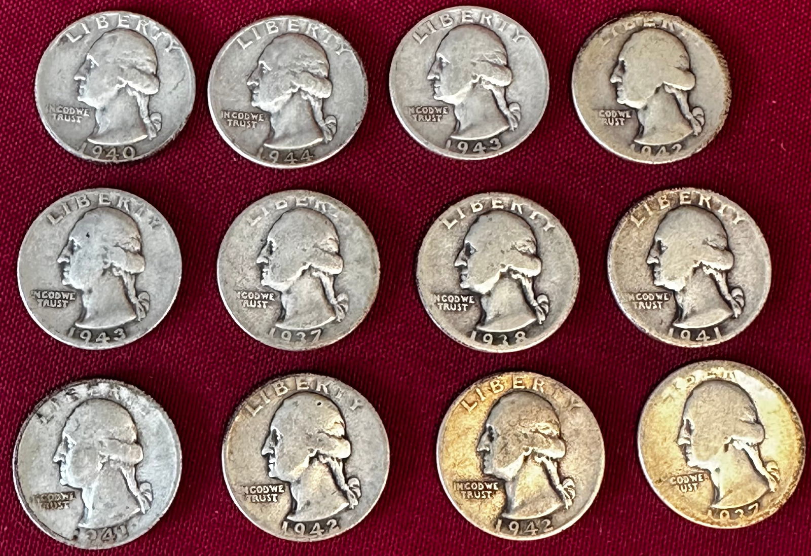 Twelve Washington Silver Quarters - 1930s & 1940s - Some with Mint Marks (1 of 3)