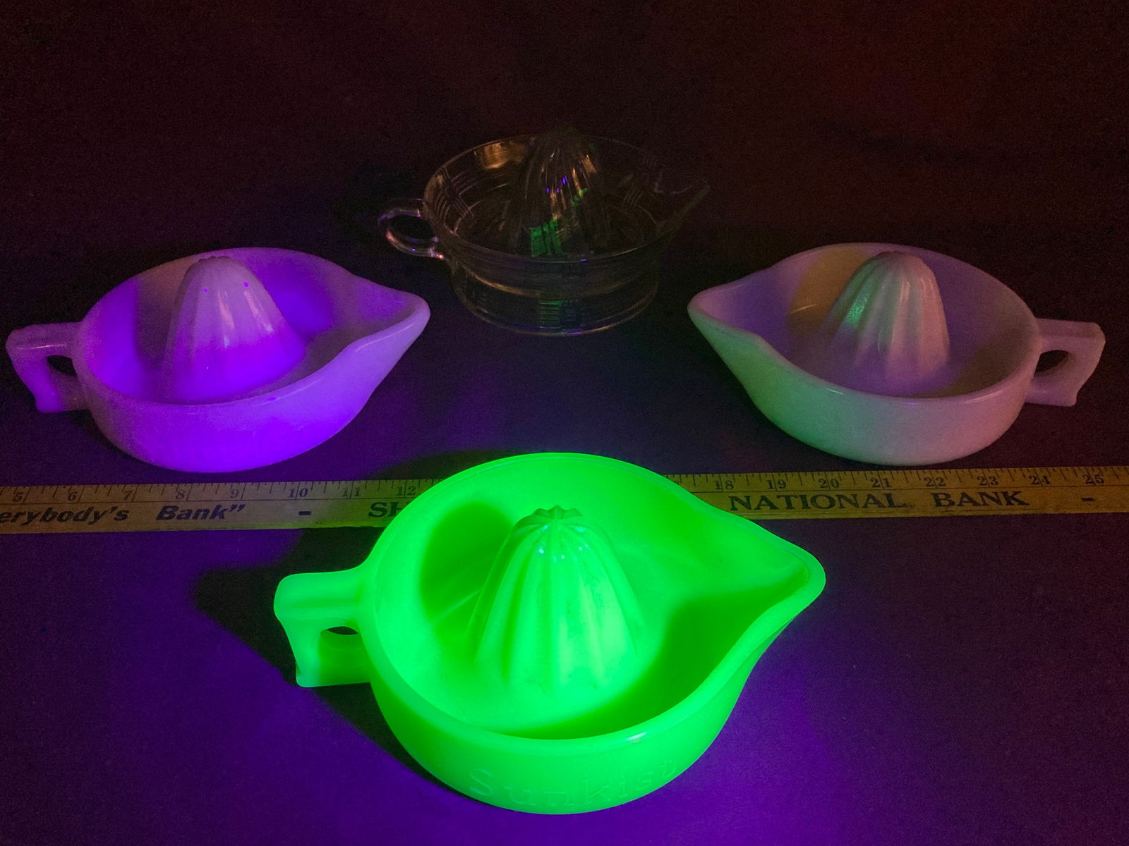 Four Juicers - Three Marked Sunkist (One Uranium & Two Milk Glass) & One Unmarked Clear Glass (1 of 5)