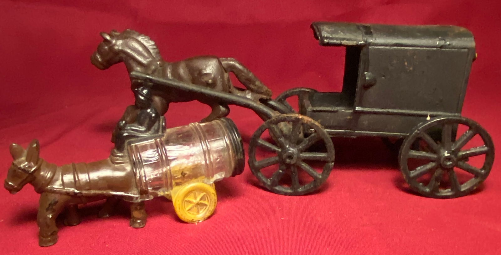 1930s Man on Mule Candy Container & Cast Iron Horse and Carriage Toy (1 of 4)