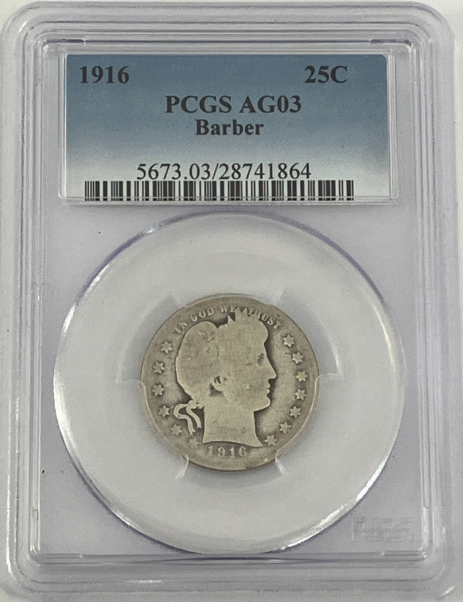 Graded 1916 Barber Silver Quarter - AG03 by PCGS (1 of 3)