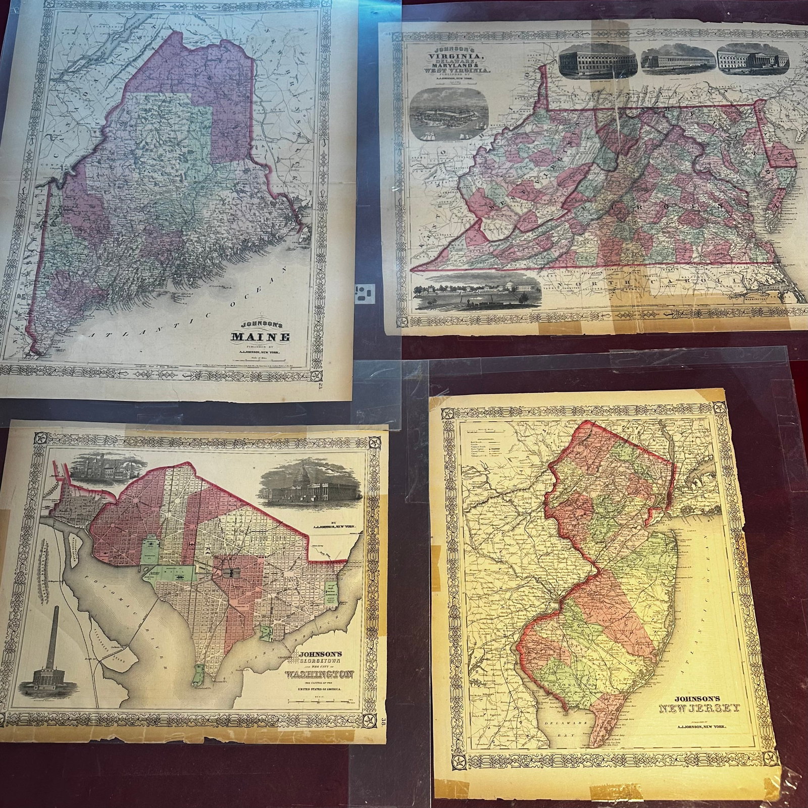 Four Older Maps by Johnson's - Maine, Washington, New Jersey, and Other - Shown in Photos: Four Older Maps by Johnson's - Maine, Washington, New Jersey, and Other - Shown in Photos