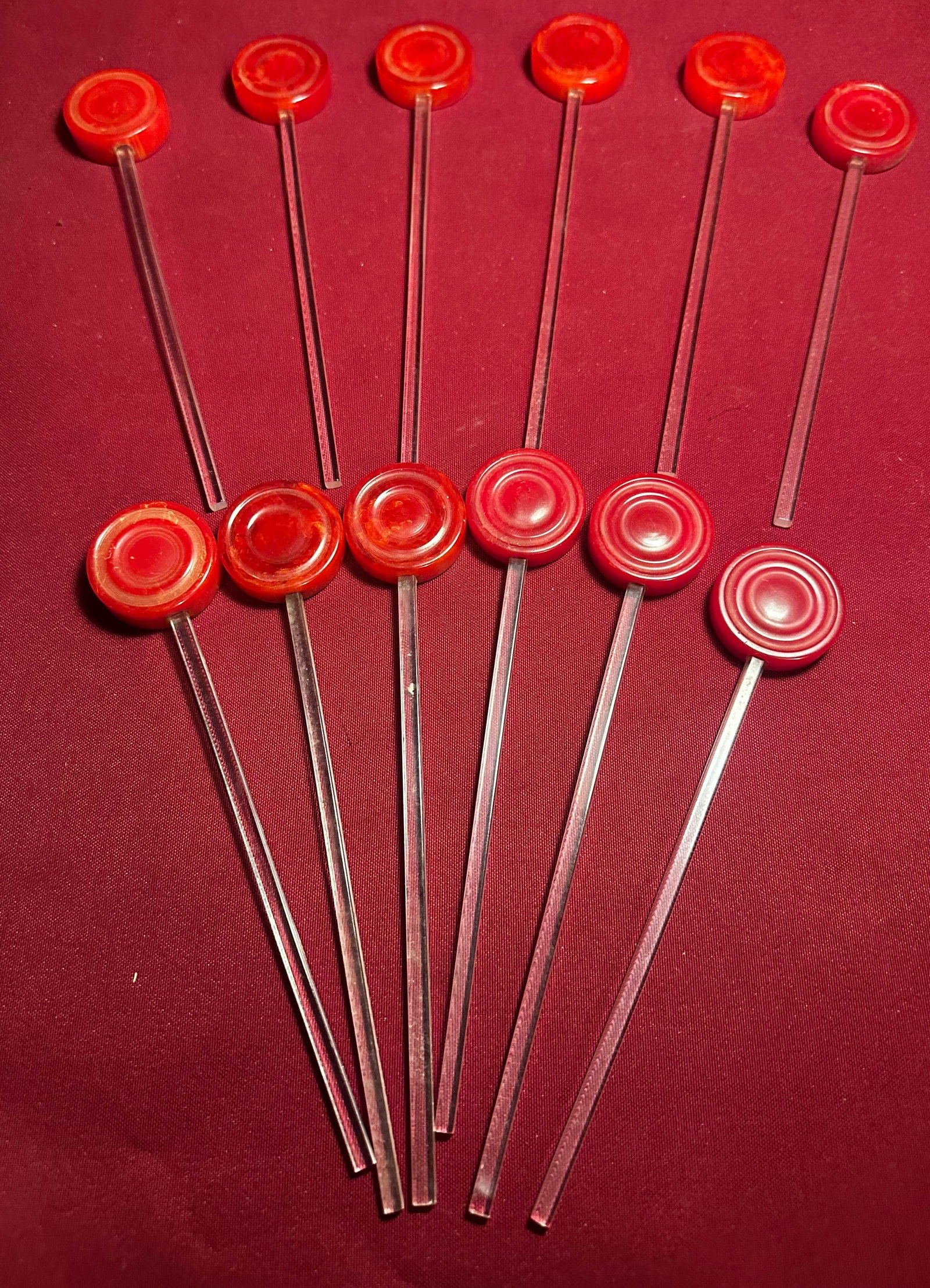 Twelve Old Bakelite Red Lollipop Style Drink Stirrers: Twelve Old Bakelite Red Lollipop Style Drink Stirrers