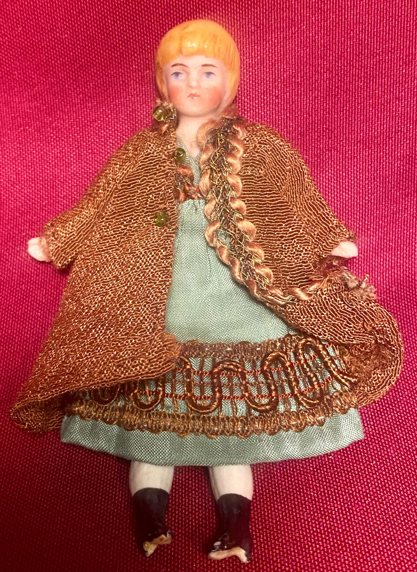 Antique Molded Head Bisque Doll with Old Clothes & Yellow Hair - Approx 4.25"T (1 of 4)