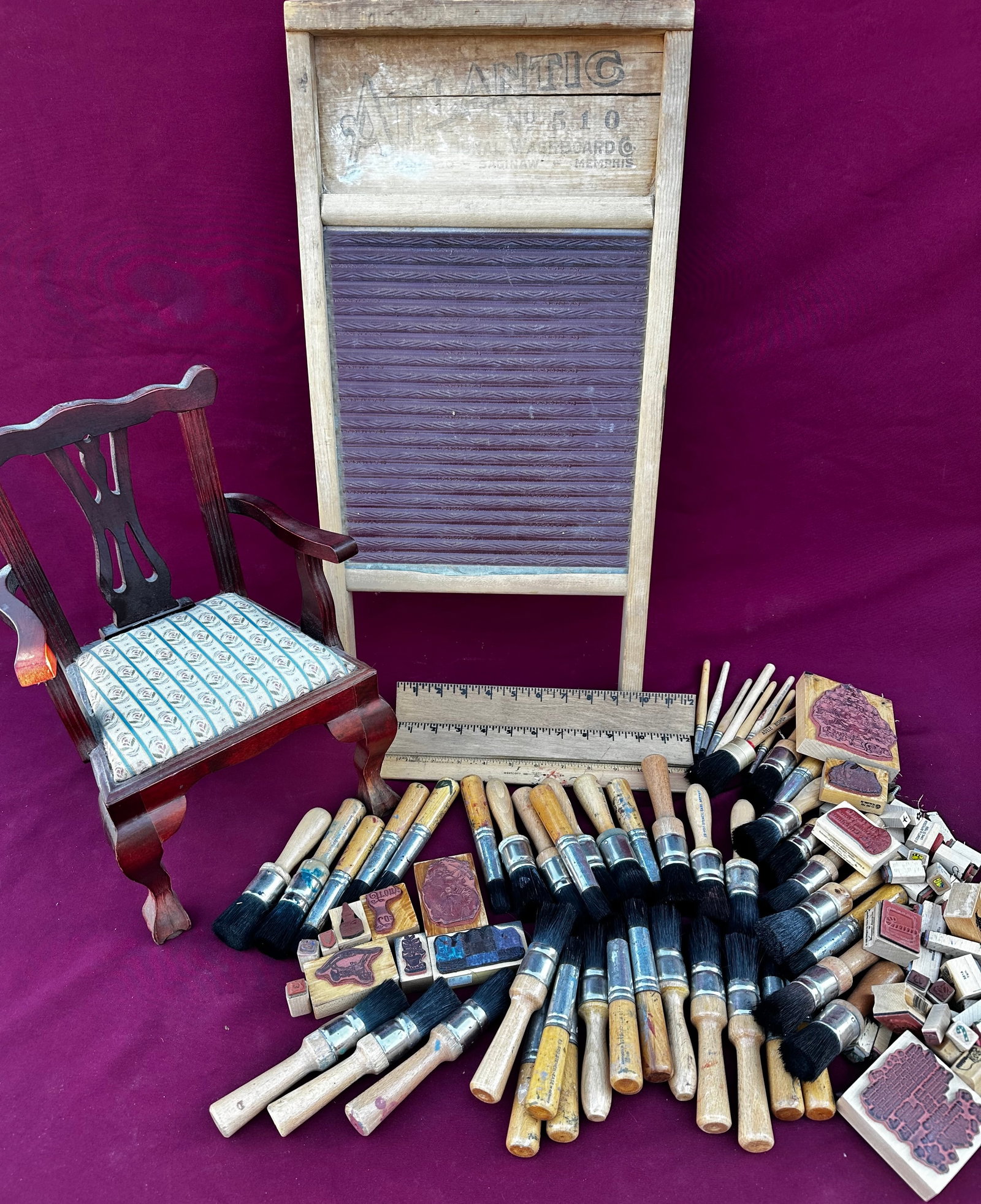 Washboard, Crafting Brushes, Stamps, Doll Chair, Etc.: Washboard, Crafting Brushes, Stamps, Doll Chair, Etc.