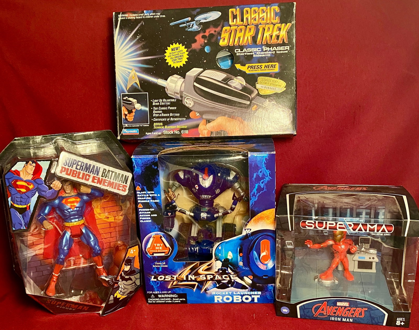 Four New in the Box Toys - Superman, Iron Man, Lost in Space Robot, Star Trek Phaser Gun: Four New in the Box Toys - Superman, Iron Man, Lost in Space Robot, Star Trek Phaser Gun