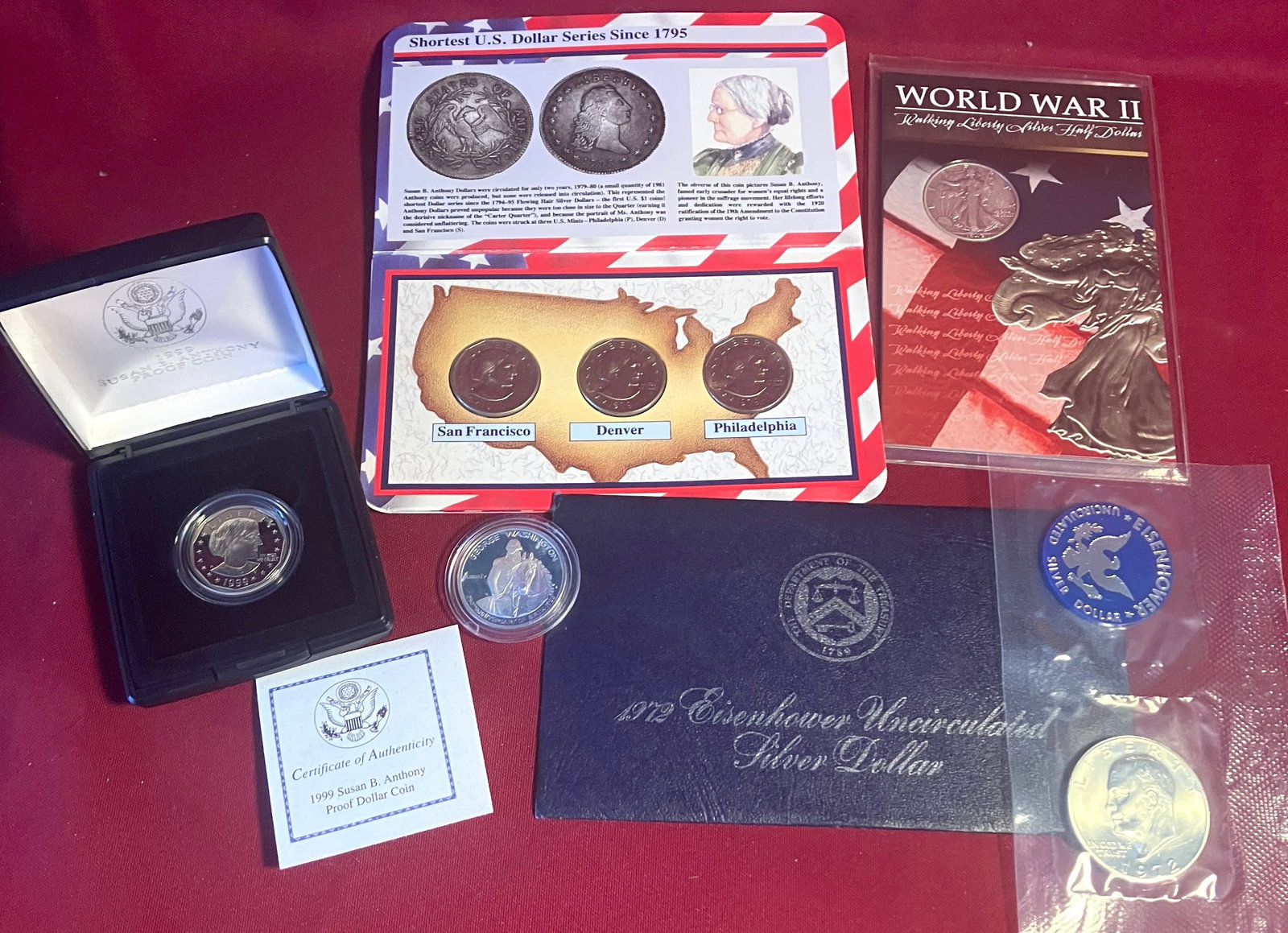 WWII (1942-S) Walking Liberty Silver Half Dollar, 1972 Eisenhower Silver Dollar, Susan B. Anthony's (1 of 6)