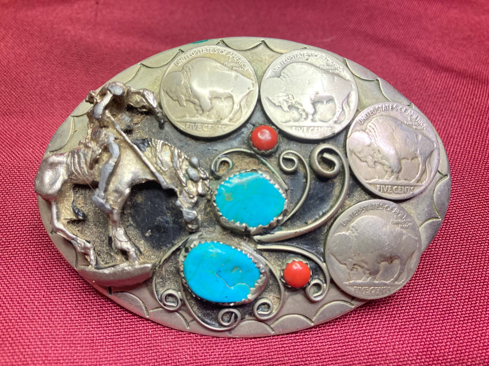 Older Vintage Native American Indianv Style Turquoise, Coral, and Coin Belt Buckle: Older Vintage Native American Indianv Style Turquoise, Coral, and Coin Belt Buckle